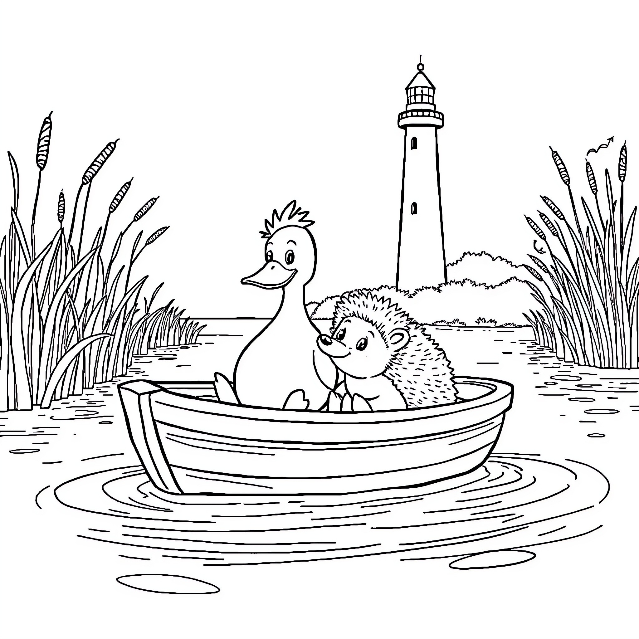 Duck and Hedgehog Boating Adventure by Lighthouse Coloring Page (free black-and-white line drawing printable PDF for all, from beginners to advanced learners, including children, teens, adults, and seniors)