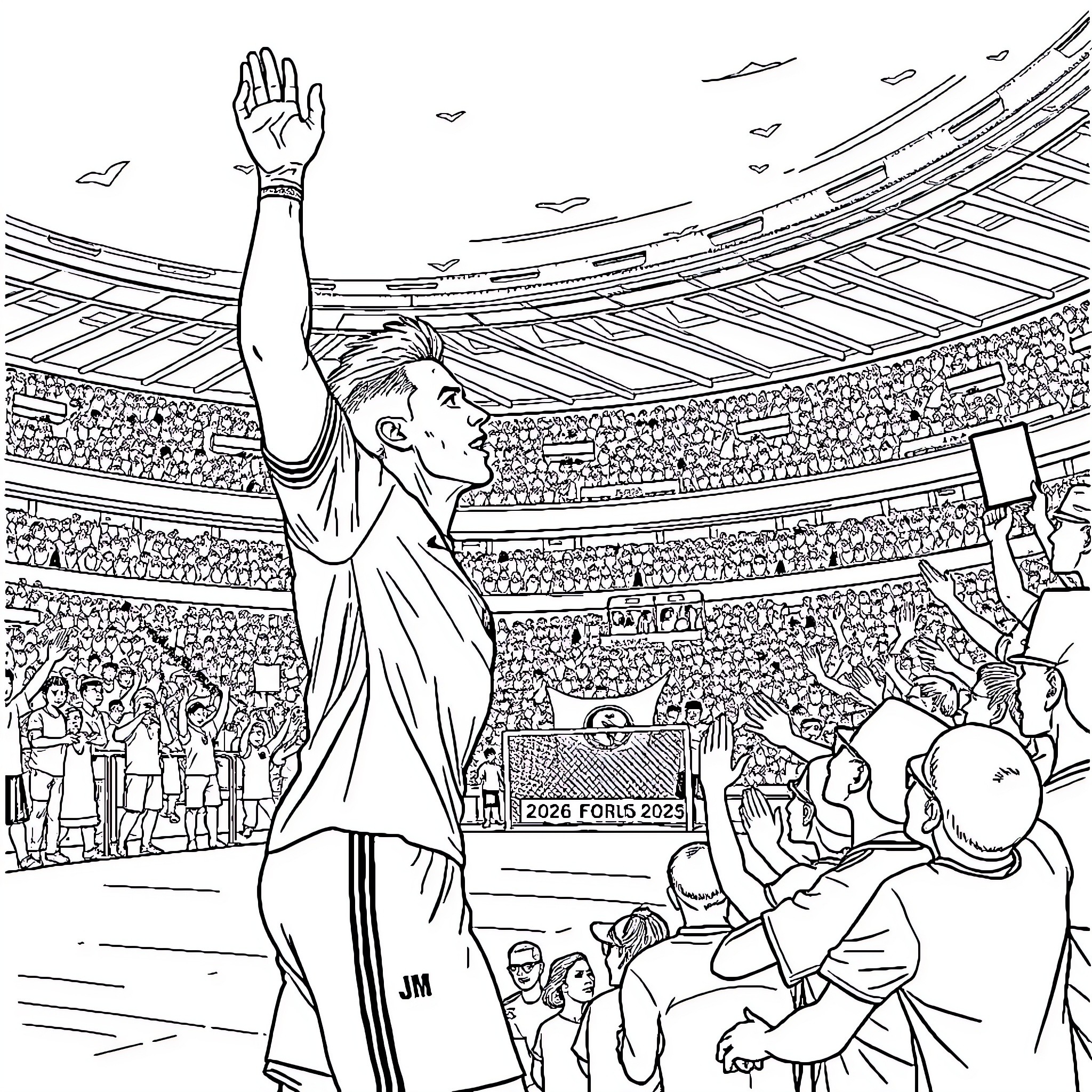 Ronaldo celebrating victory in stadium Coloring Page (free black-and-white line drawing printable PDF for all, from beginners to advanced learners, including children, teens, adults, and seniors)