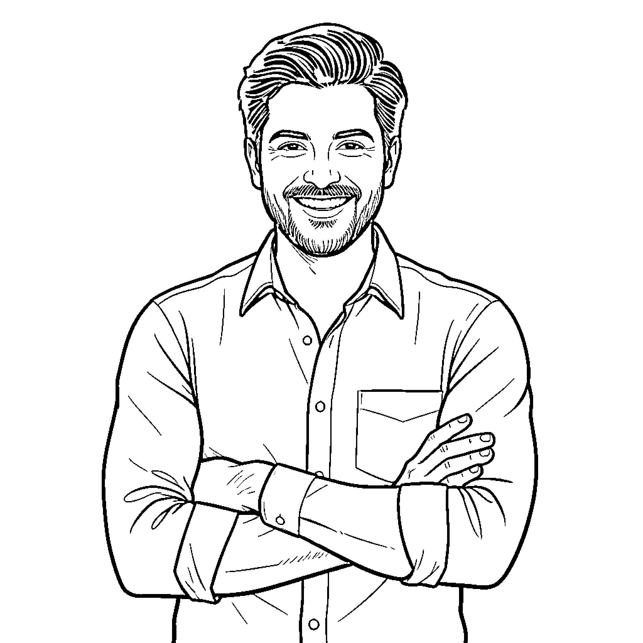 Ajith smiling confidently with arms crossed Coloring Page (free black-and-white line drawing printable PDF for all, from beginners to advanced learners, including children, teens, adults, and seniors)