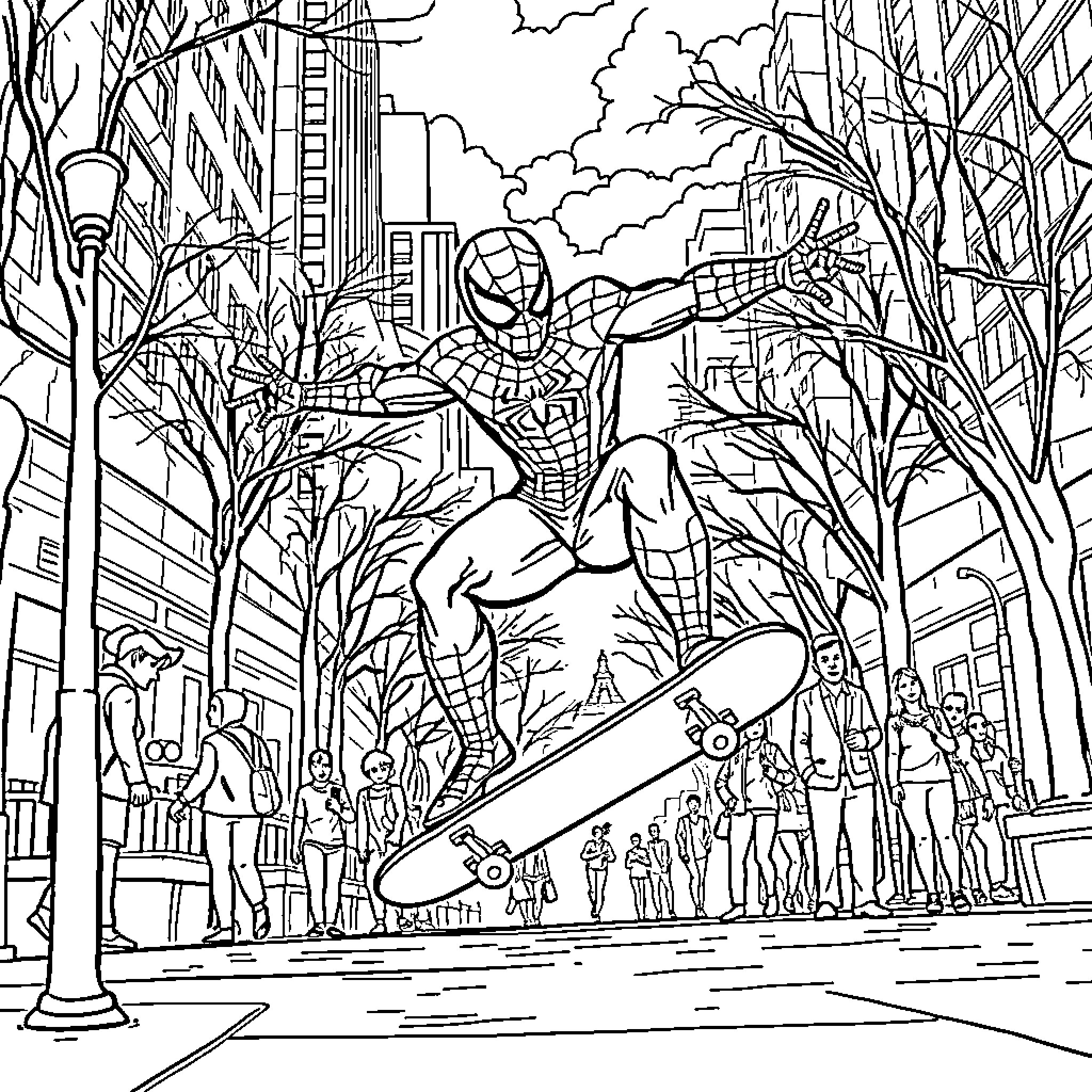 Spider-Man swinging through the city streets Coloring Page (free black-and-white line drawing printable PDF for all, from beginners to advanced learners, including children, teens, adults, and seniors)