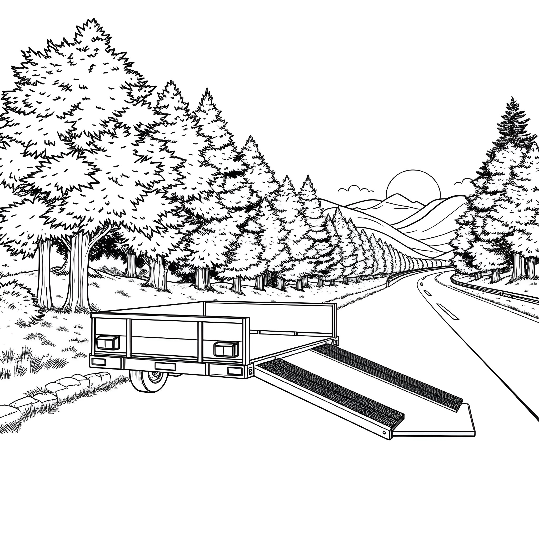 Car Trailer on Winding Road through Forest Landscape Coloring Page (free black-and-white line drawing printable PDF for all, from beginners to advanced learners, including children, teens, adults, and seniors)