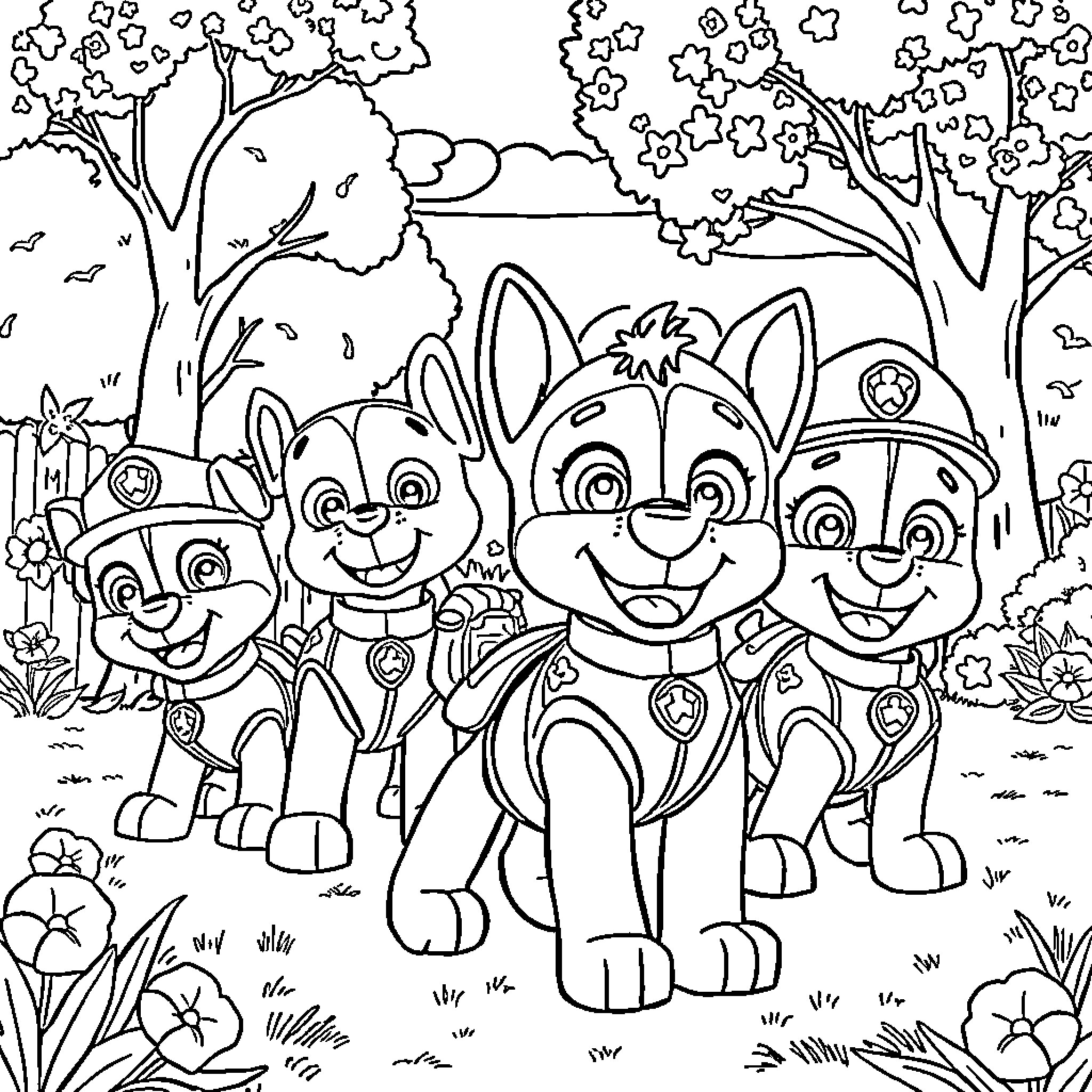 Paw Patrol Pups Explore the Outdoors Coloring Page (free black-and-white line drawing printable PDF for all, from beginners to advanced learners, including children, teens, adults, and seniors)
