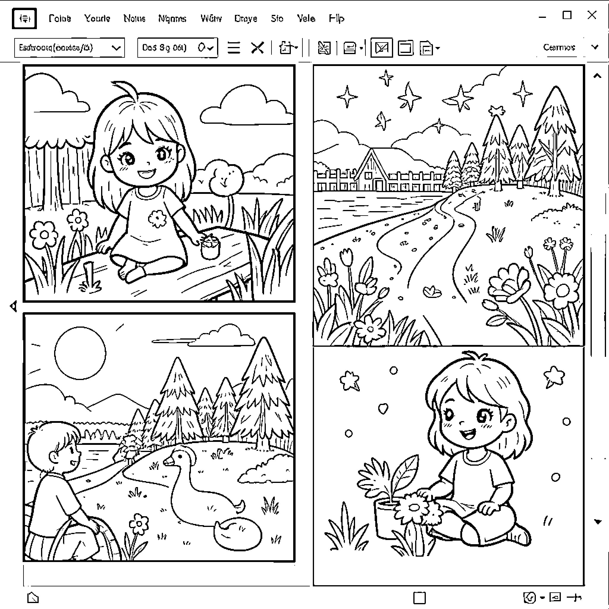 Software displaying multiple cartoon character outdoor scenes Coloring Page (free black-and-white line drawing printable PDF for all, from beginners to advanced learners, including children, teens, adults, and seniors)