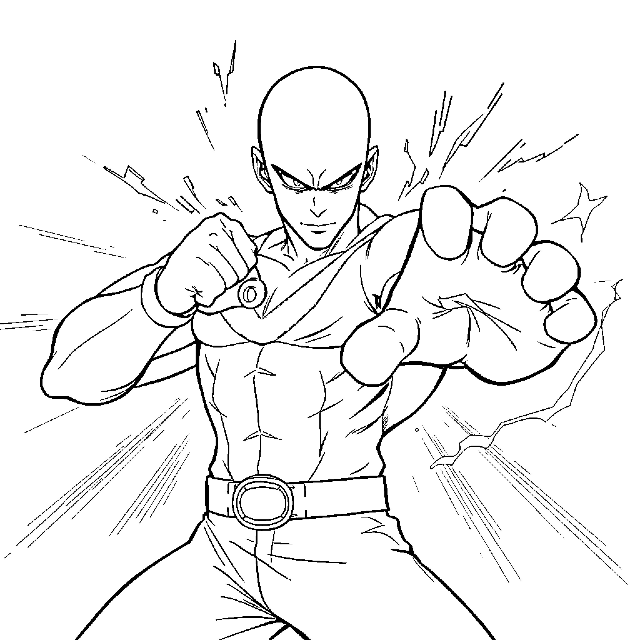 Saitama's Powerful Punch Coloring Page (free black-and-white line drawing printable PDF for all, from beginners to advanced learners, including children, teens, adults, and seniors)