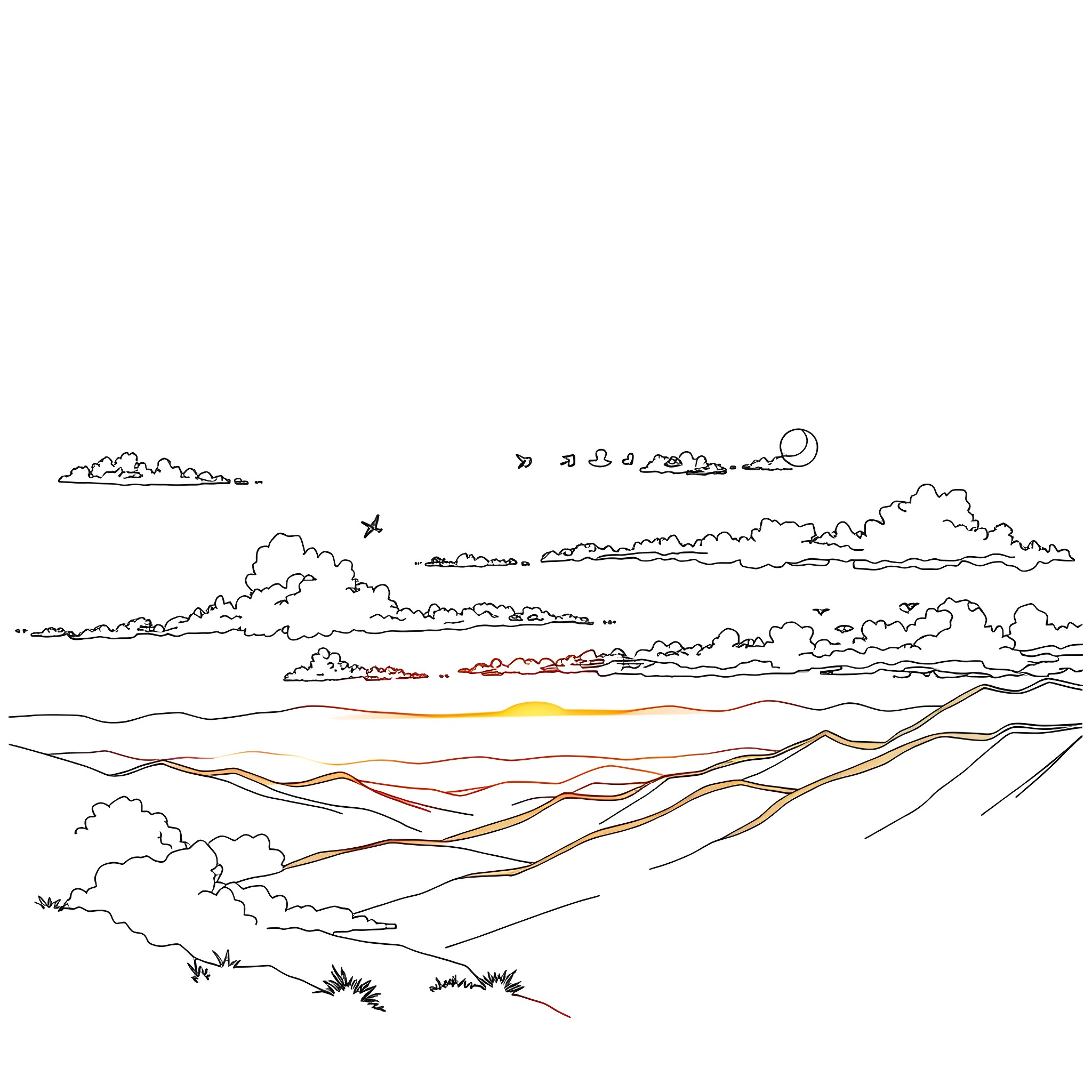 Sunset scenery with clouds and landscape Coloring Page (free black-and-white line drawing printable PDF for all, from beginners to advanced learners, including children, teens, adults, and seniors)