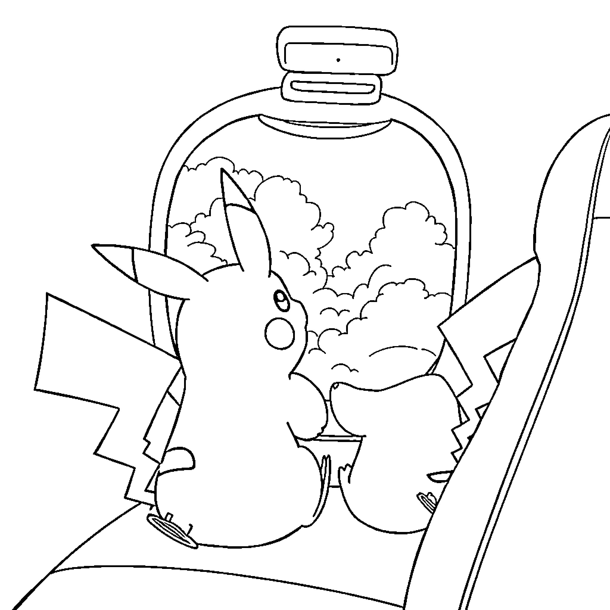 Pikachu exploring a mysterious glass container Coloring Page (free black-and-white line drawing printable PDF for all, from beginners to advanced learners, including children, teens, adults, and seniors)