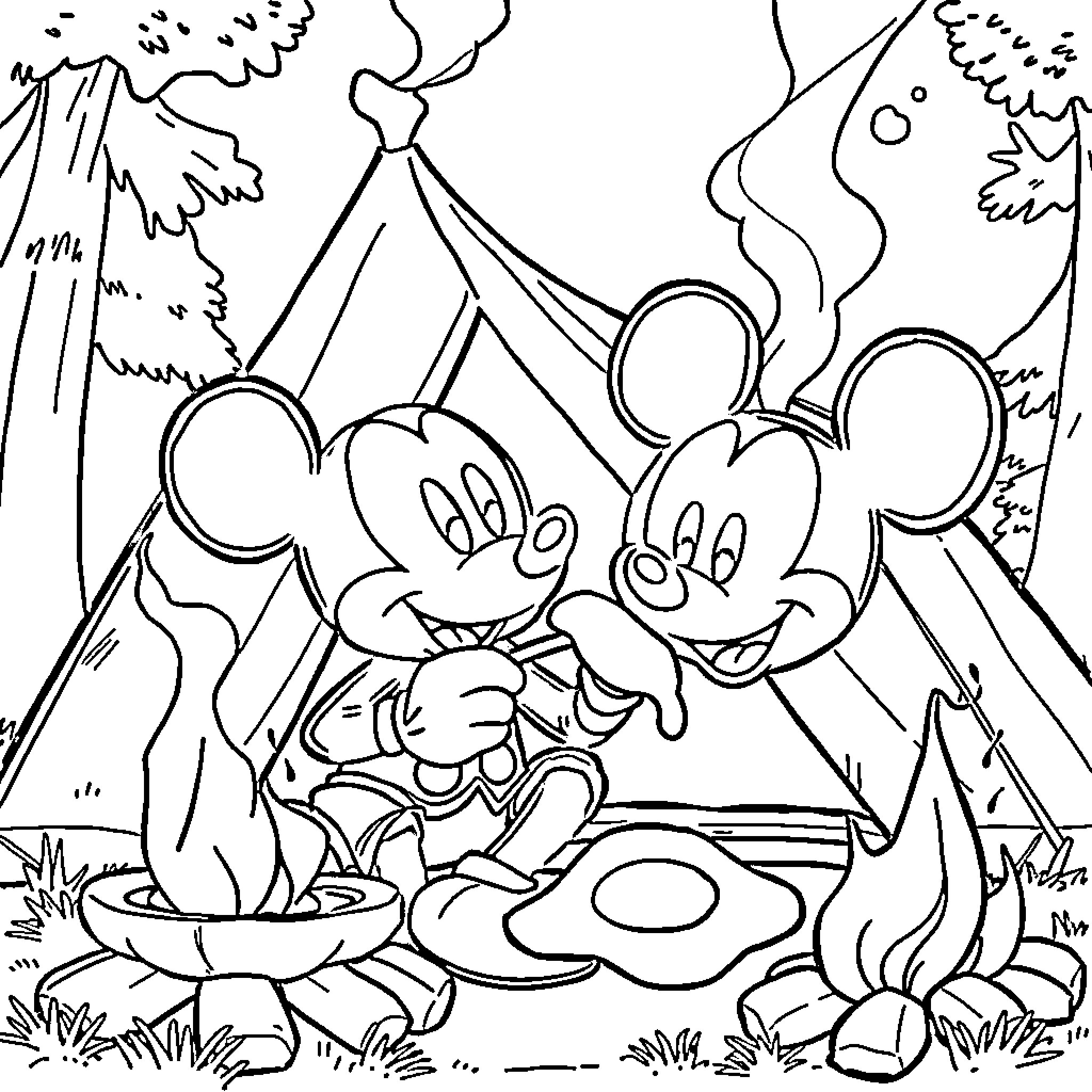 Mickey Mouse and friends camping outdoors Coloring Page (free black-and-white line drawing printable PDF for all, from beginners to advanced learners, including children, teens, adults, and seniors)