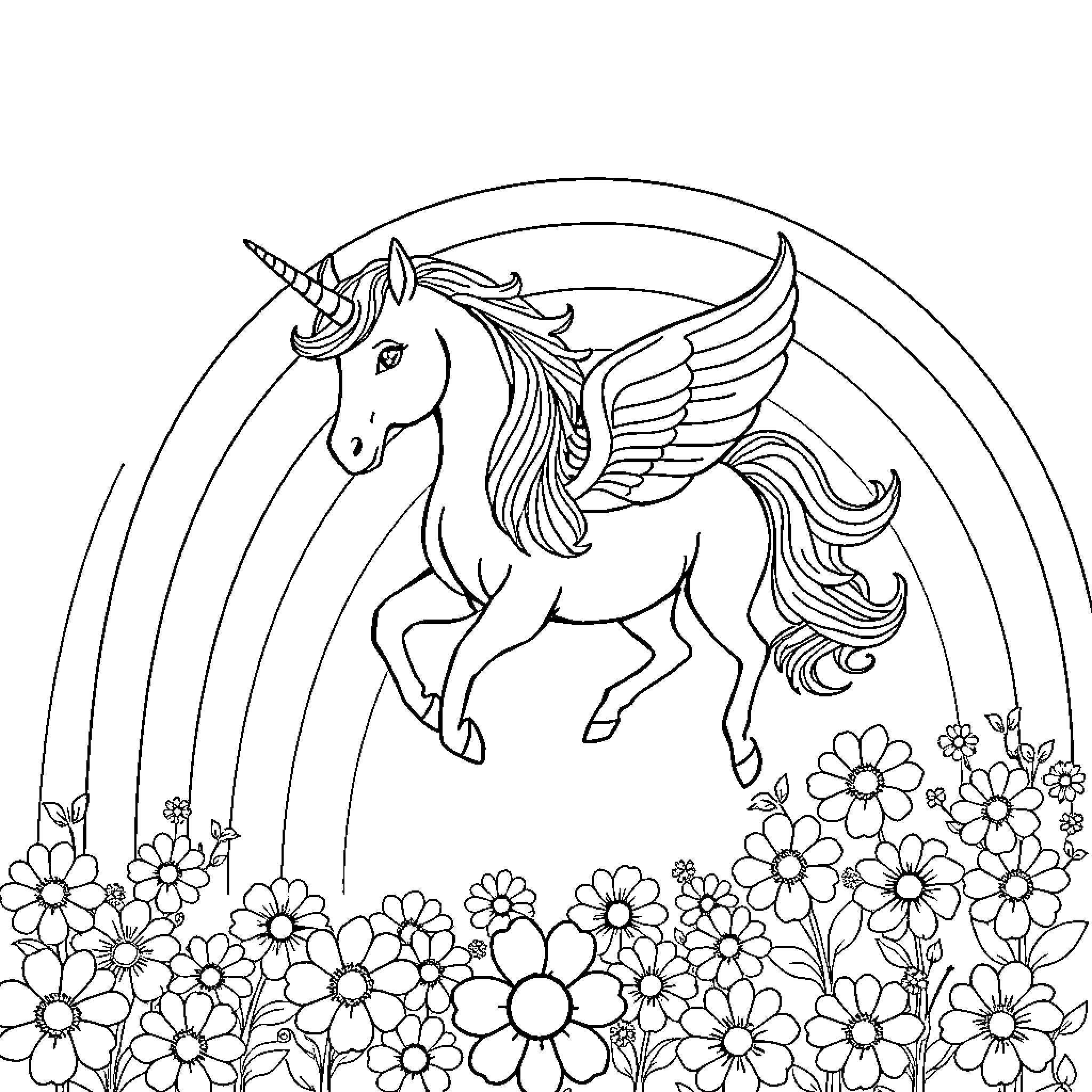 Unicorn soaring over a magical meadow Coloring Page (free black-and-white line drawing printable PDF for all, from beginners to advanced learners, including children, teens, adults, and seniors)
