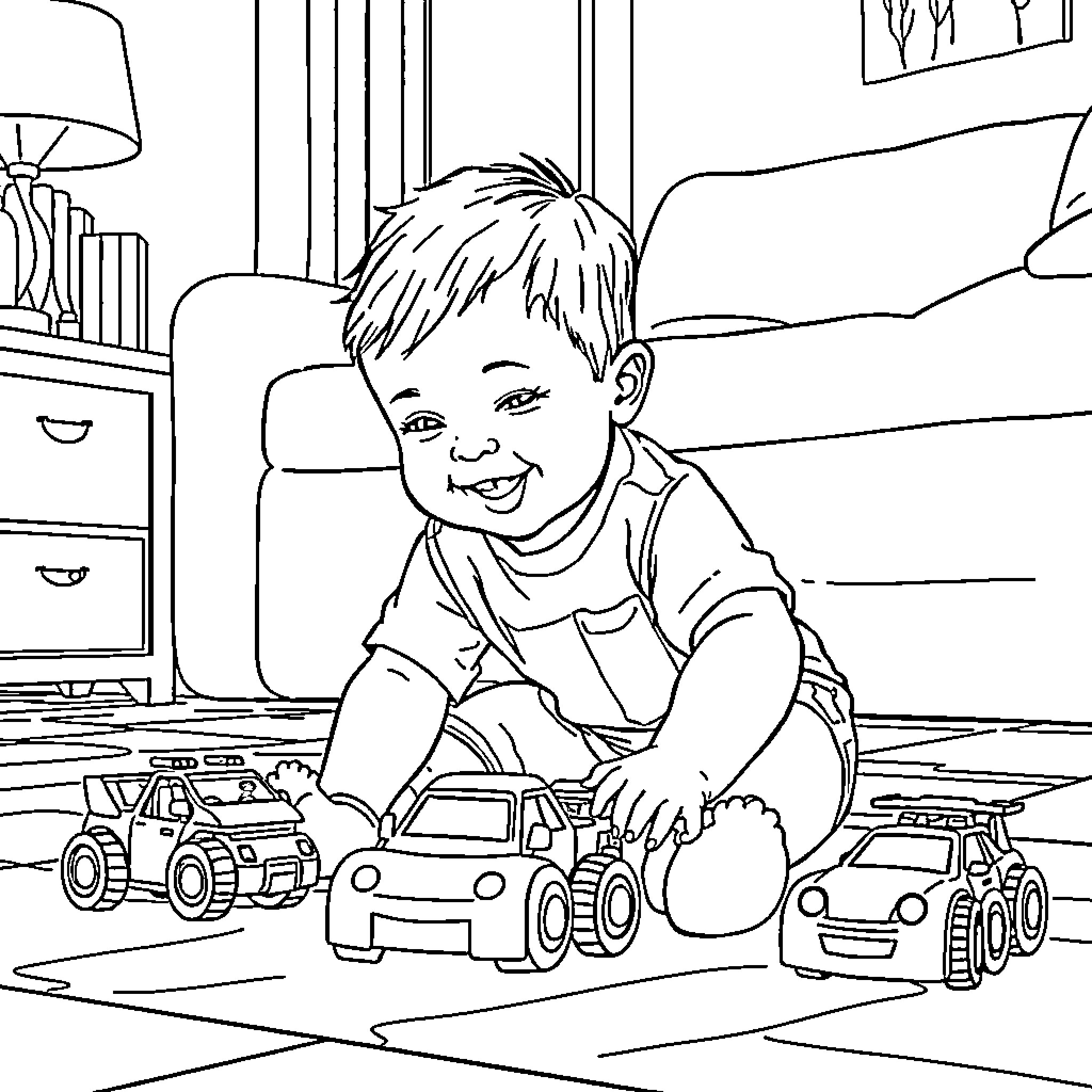 Boy playing joyfully with toy cars on the floor Coloring Page (free black-and-white line drawing printable PDF for all, from beginners to advanced learners, including children, teens, adults, and seniors)