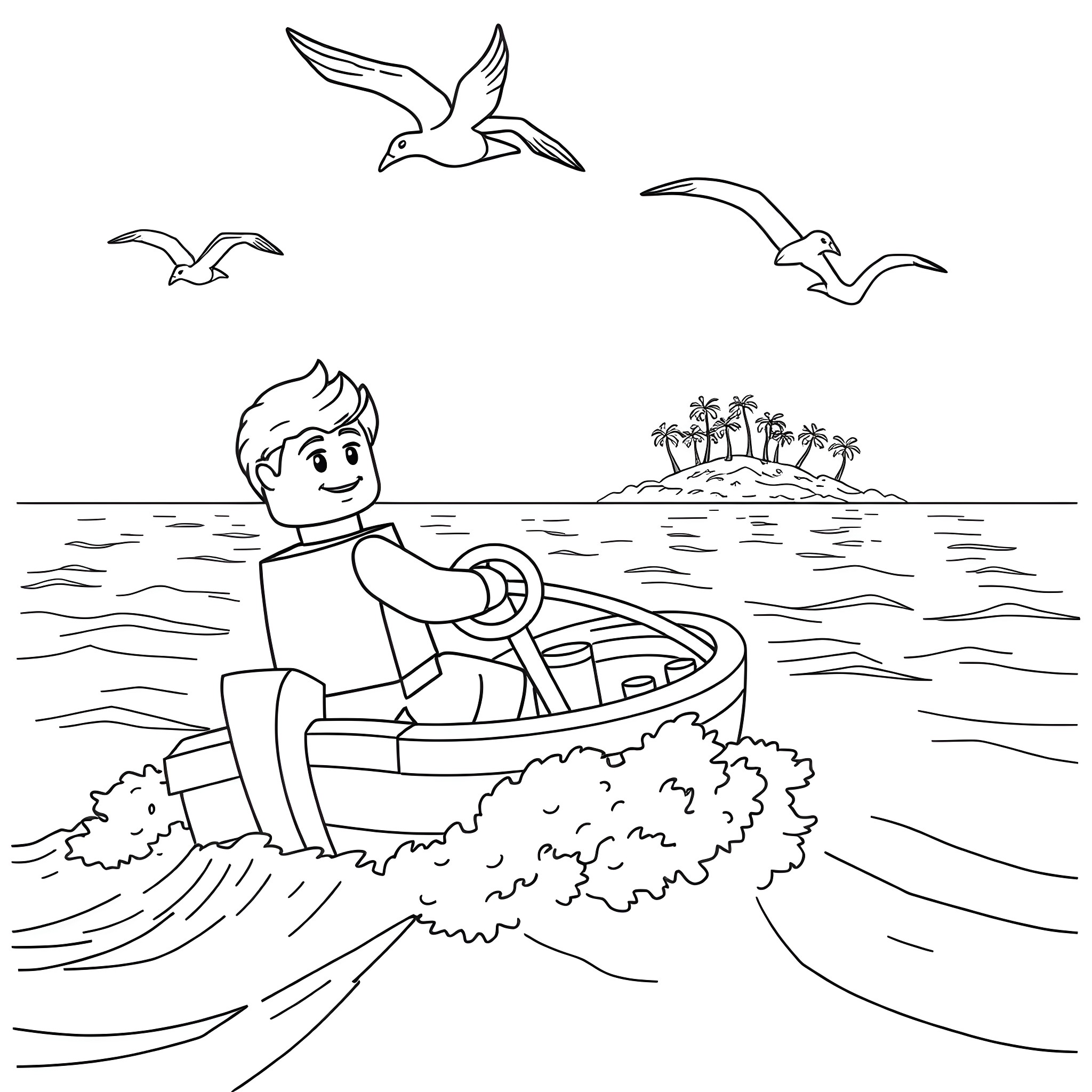 Lego Man sailing boat on ocean waves towards tropical island Coloring Page (free black-and-white line drawing printable PDF for all, from beginners to advanced learners, including children, teens, adults, and seniors)