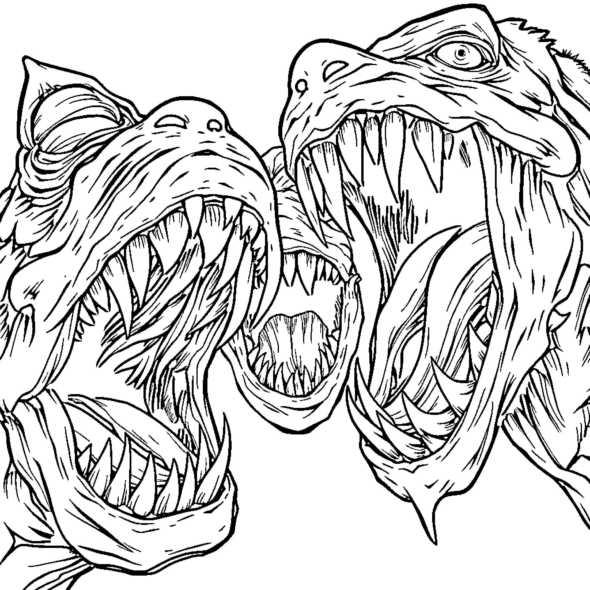Monster Mouth Frightening Creatures with Gaping Jaws Coloring Page (free black-and-white line drawing printable PDF for all, from beginners to advanced learners, including children, teens, adults, and seniors)