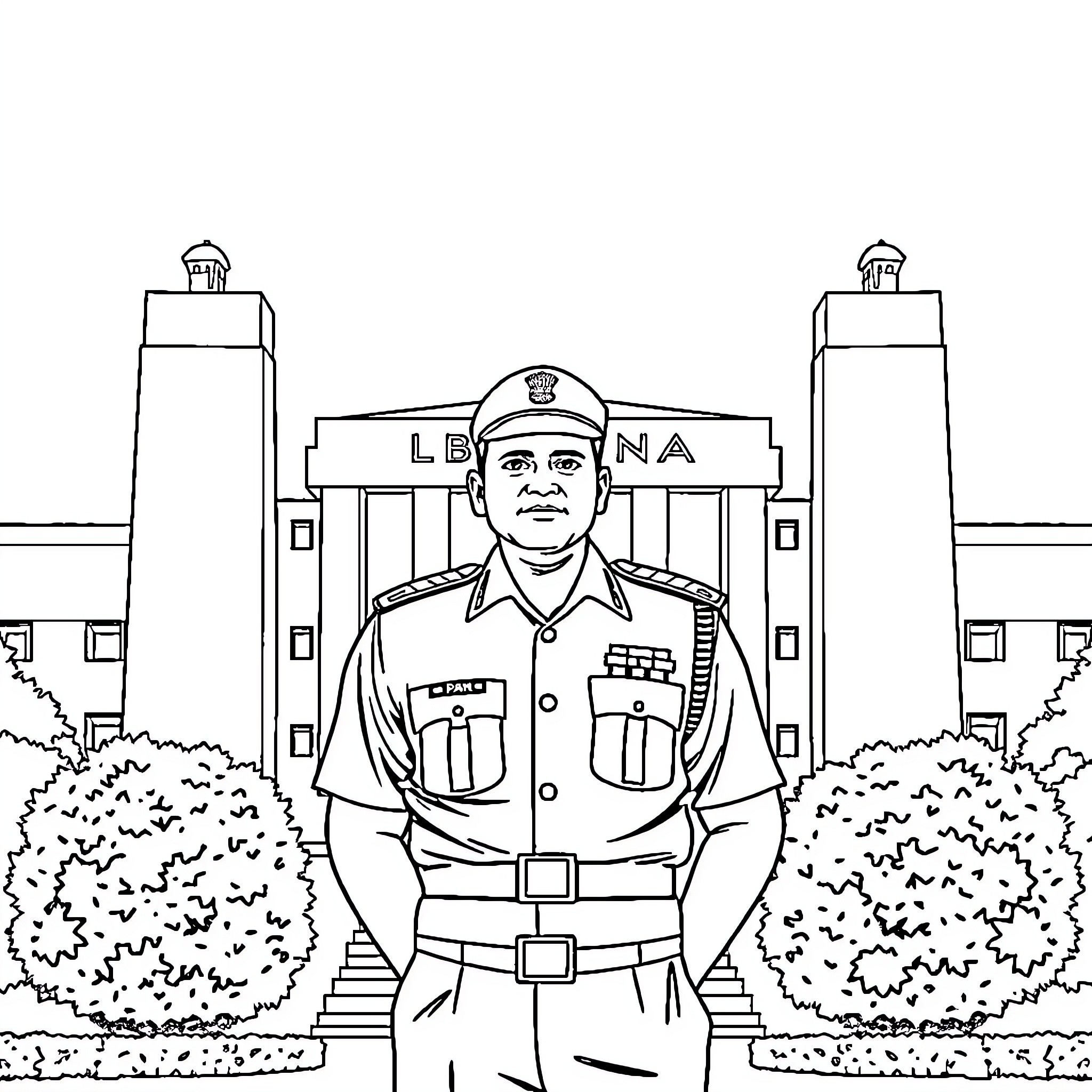 Man in Uniform Standing Proudly Before Government Building Coloring Page (free black-and-white line drawing printable PDF for all, from beginners to advanced learners, including children, teens, adults, and seniors)