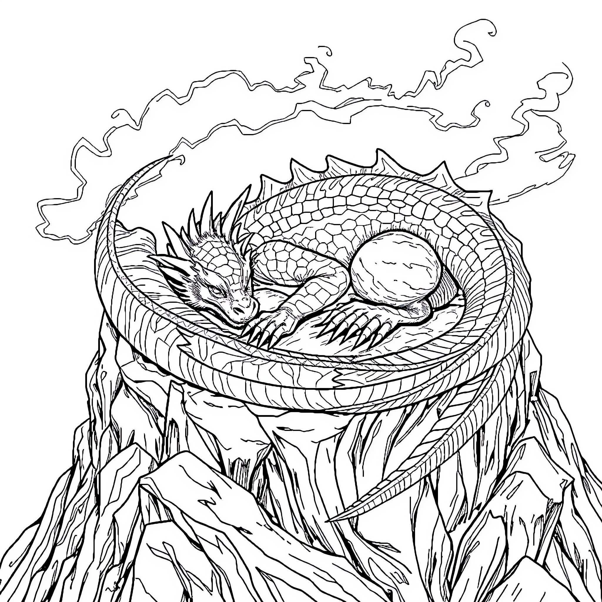 Dragon resting in its rocky mountain lair Coloring Page (free black-and-white line drawing printable PDF for all, from beginners to advanced learners, including children, teens, adults, and seniors)