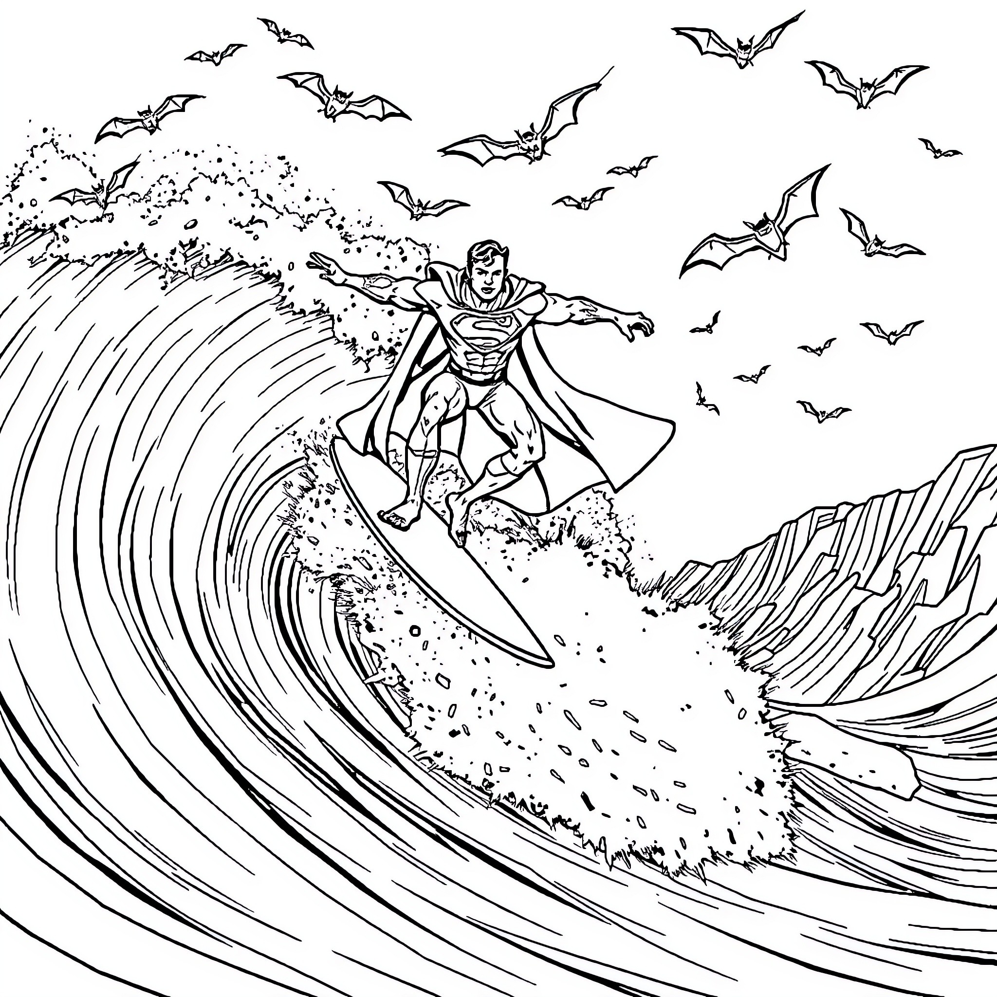 Superman Surfing Through Crashing Waves Amidst Bats Coloring Page (free black-and-white line drawing printable PDF for all, from beginners to advanced learners, including children, teens, adults, and seniors)