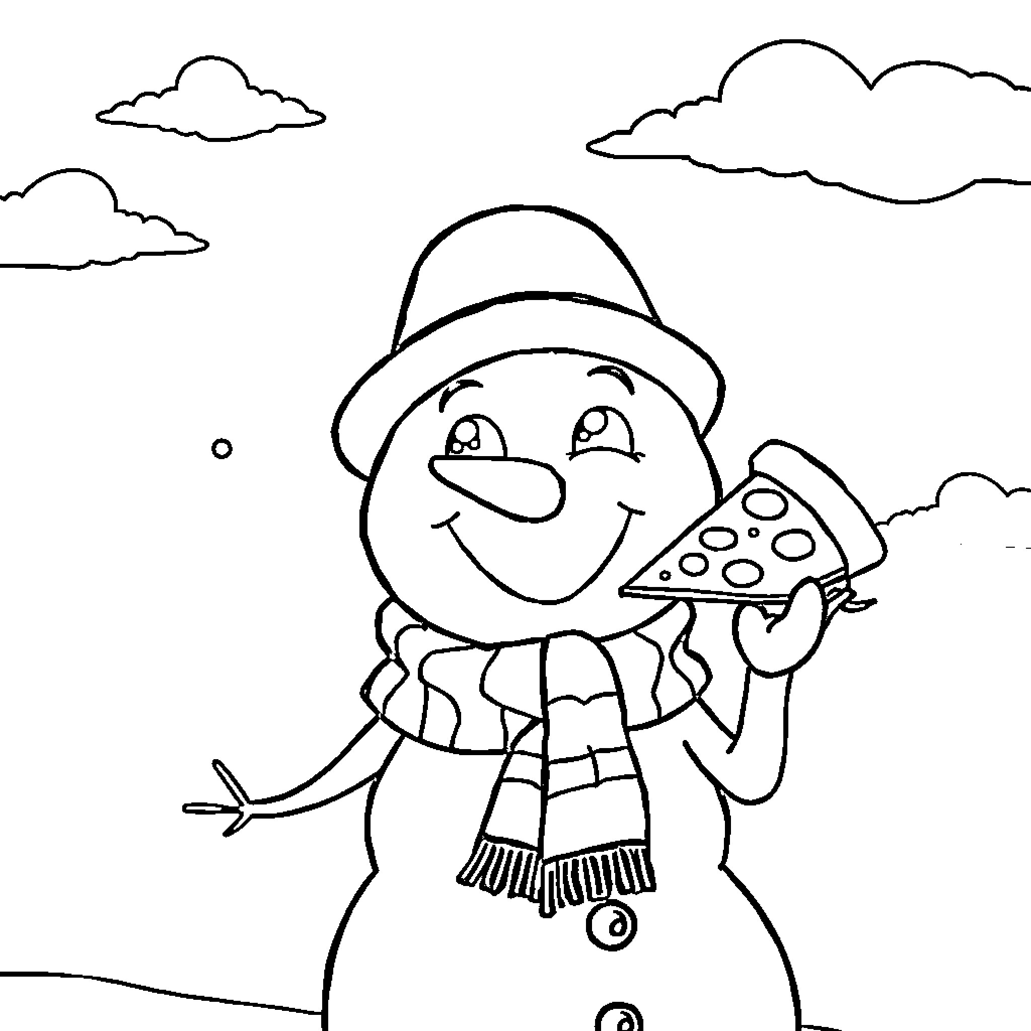 Snowman enjoying a snowy day with a pizza Coloring Page (free black-and-white line drawing printable PDF for all, from beginners to advanced learners, including children, teens, adults, and seniors)