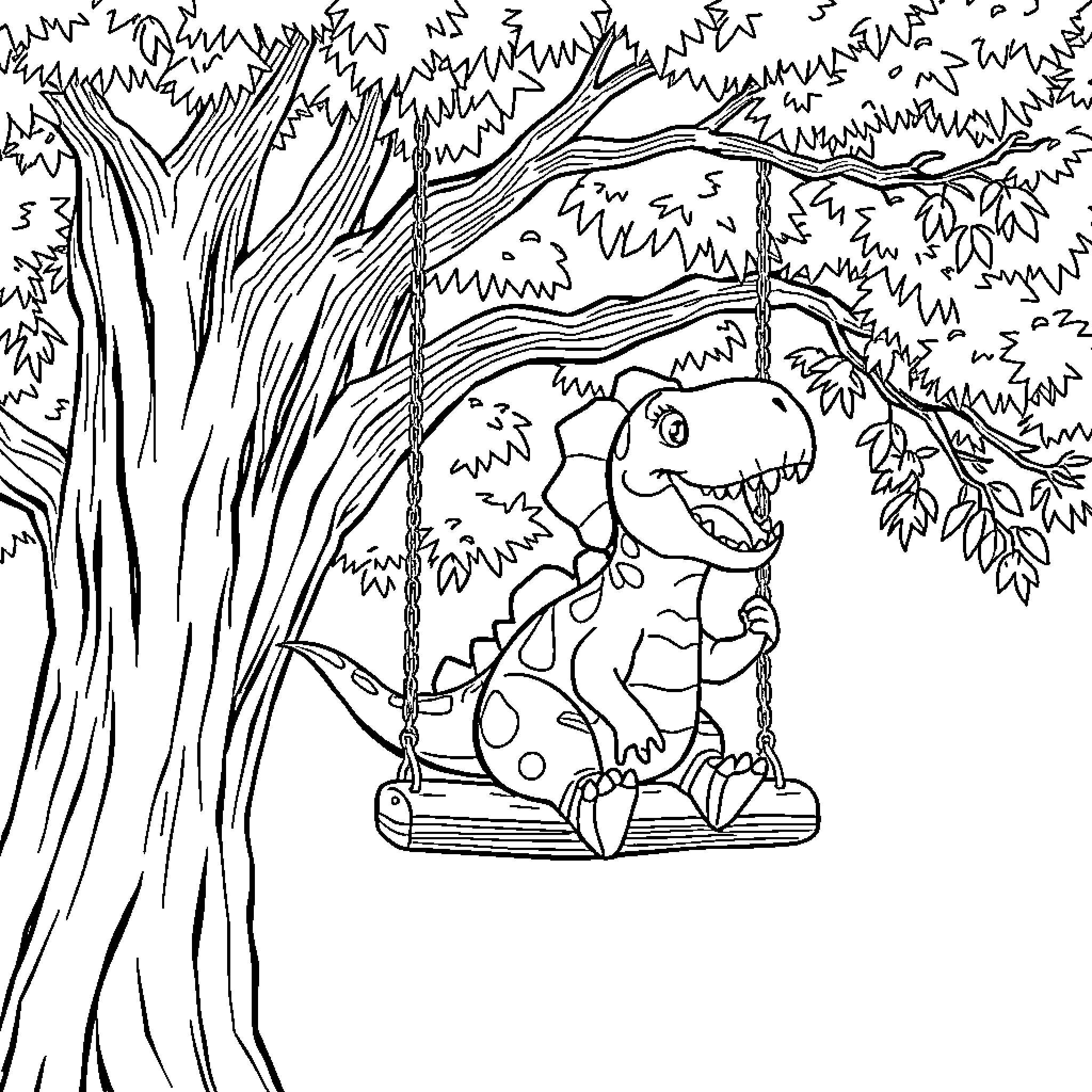 Dinosaur playing on a swing in the forest Coloring Page (free black-and-white line drawing printable PDF for all, from beginners to advanced learners, including children, teens, adults, and seniors)