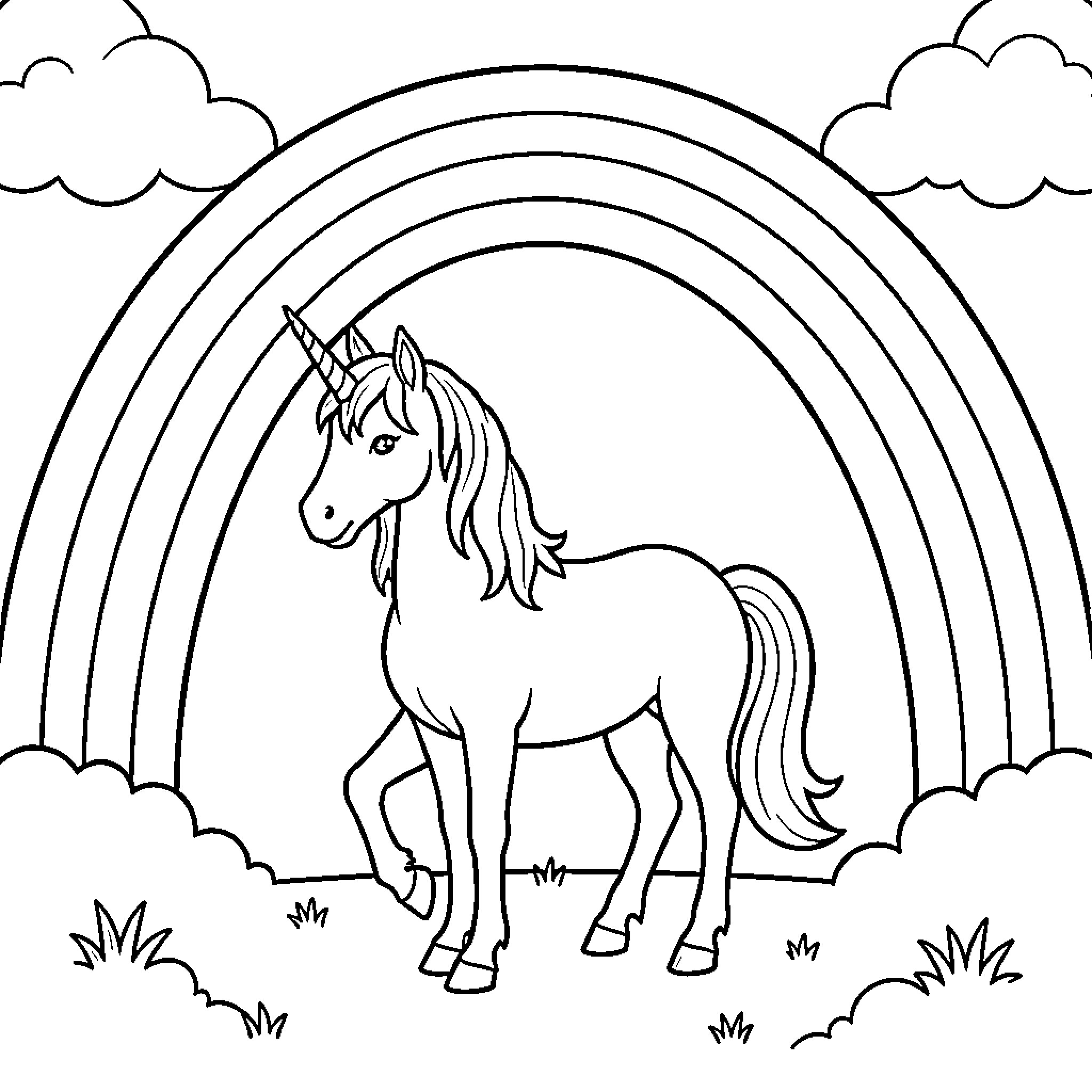 Unicorn standing gracefully in front of a rainbow Coloring Page (free black-and-white line drawing printable PDF for all, from beginners to advanced learners, including children, teens, adults, and seniors)