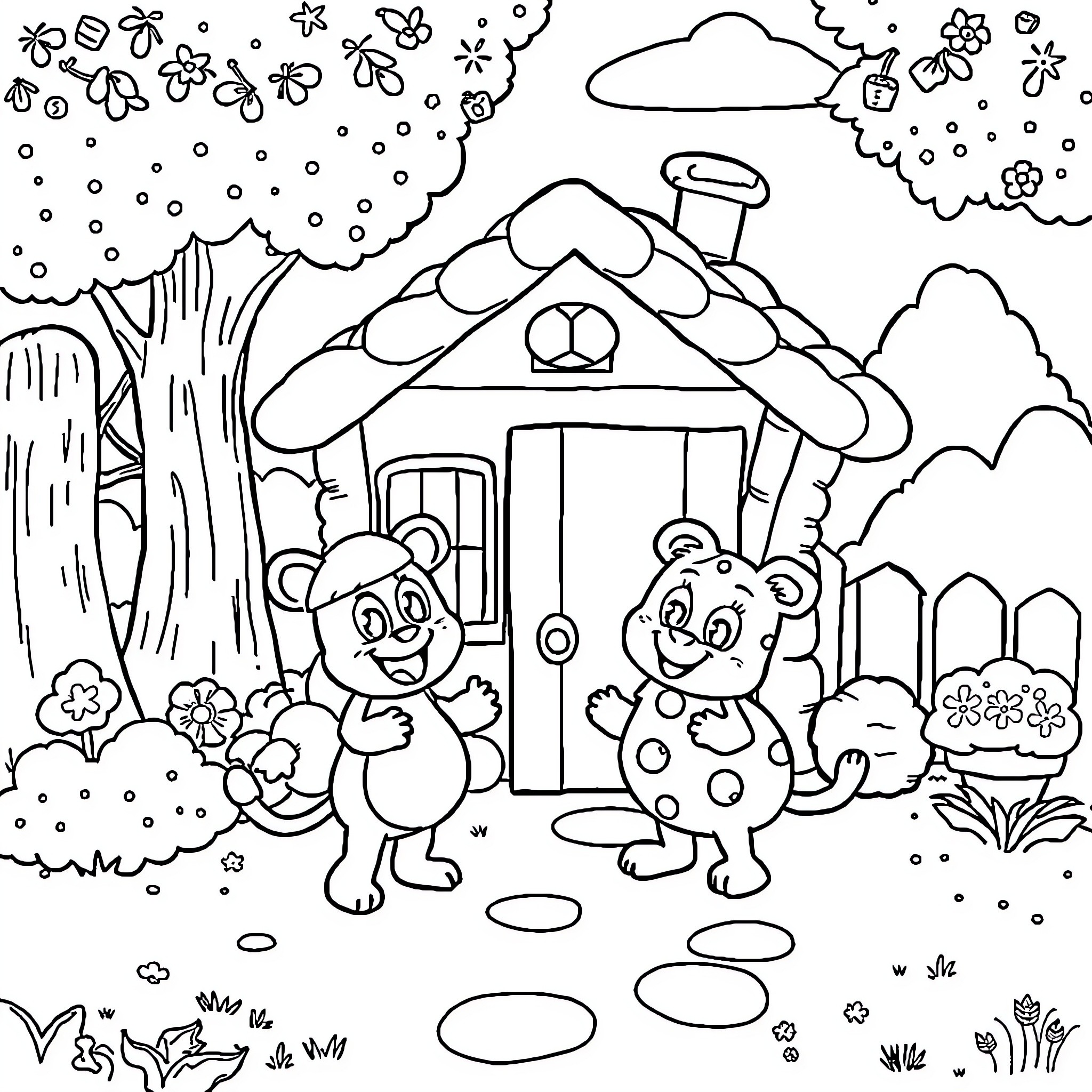 Bluey's Cozy Cottage Adventure Coloring Page (free black-and-white line drawing printable PDF for all, from beginners to advanced learners, including children, teens, adults, and seniors)