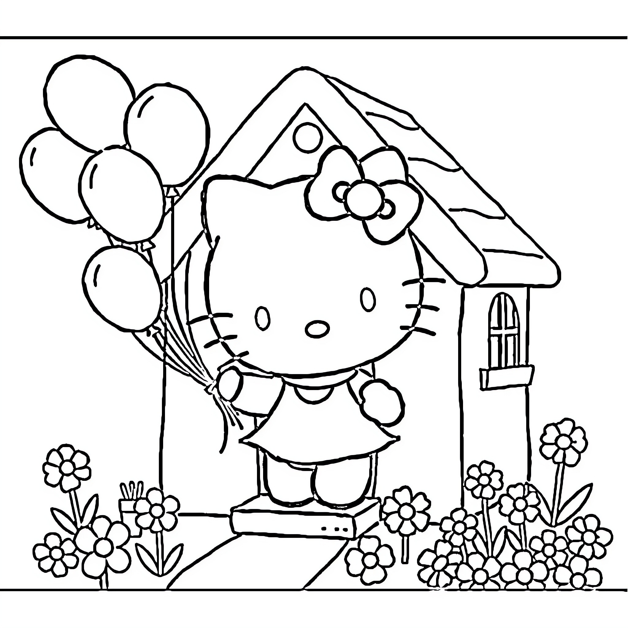 Hello Kitty holding balloons in a flower garden Coloring Page (free black-and-white line drawing printable PDF for all, from beginners to advanced learners, including children, teens, adults, and seniors)