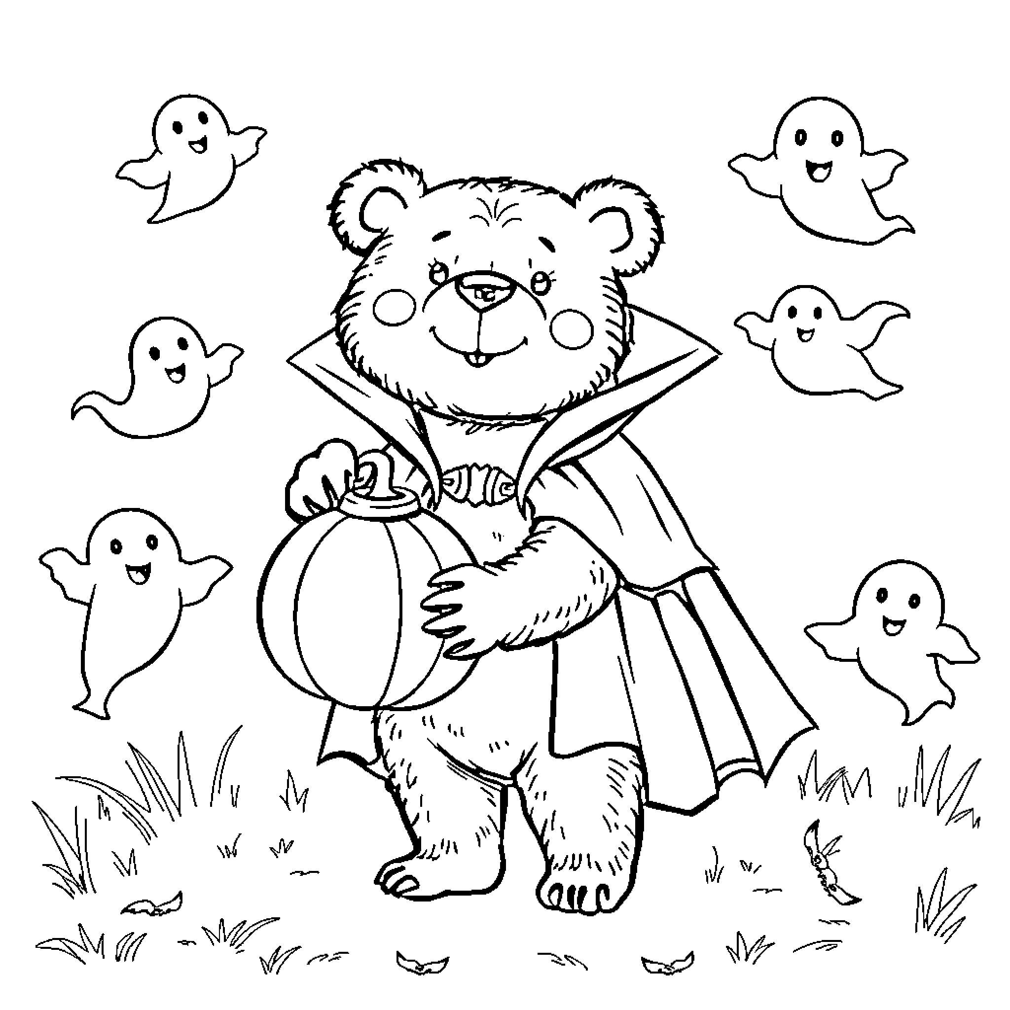 Bear preparing for Halloween with ghostly friends Coloring Page (free black-and-white line drawing printable PDF for all, from beginners to advanced learners, including children, teens, adults, and seniors)
