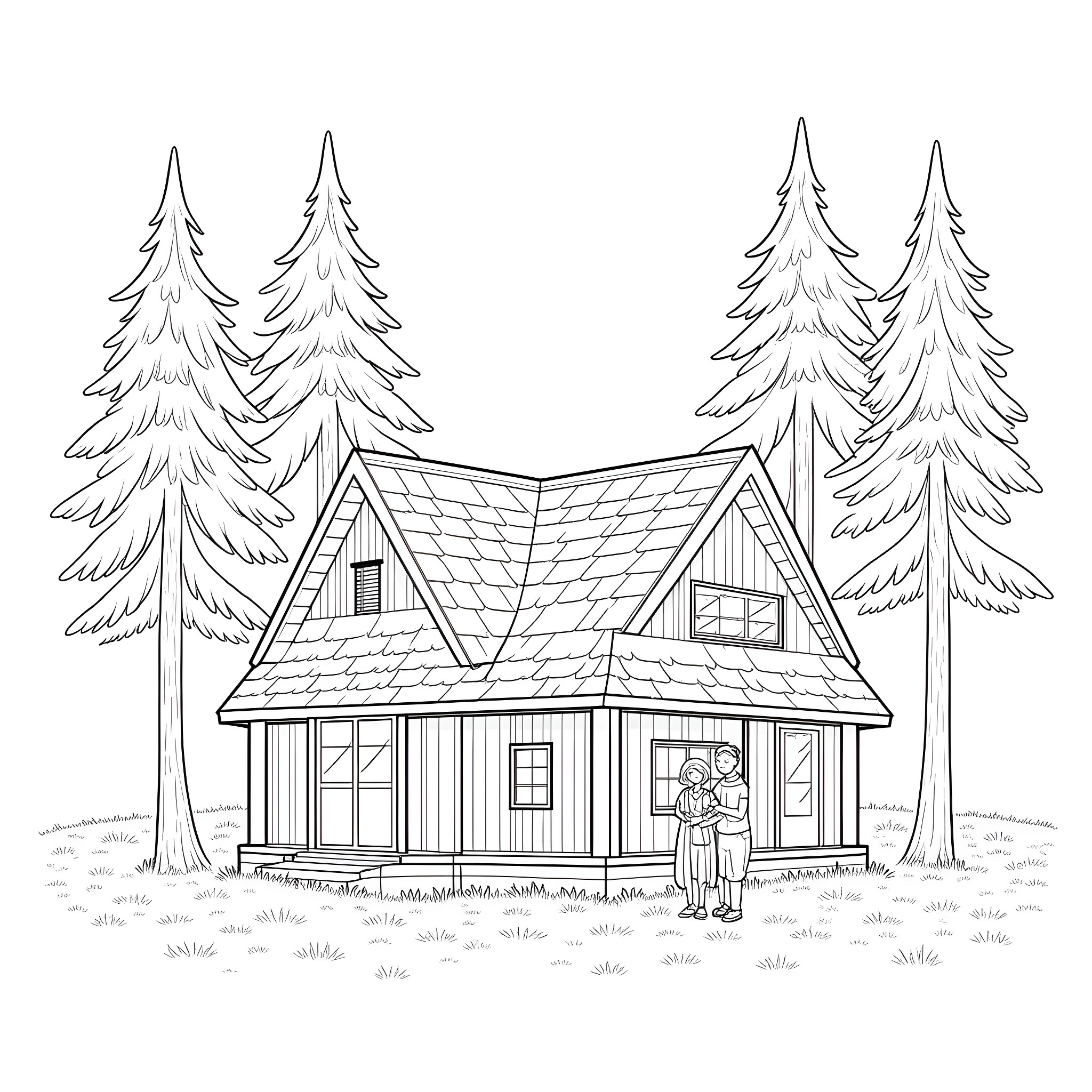 Couple standing outside cozy cabin in the woods Coloring Page (free black-and-white line drawing printable PDF for all, from beginners to advanced learners, including children, teens, adults, and seniors)