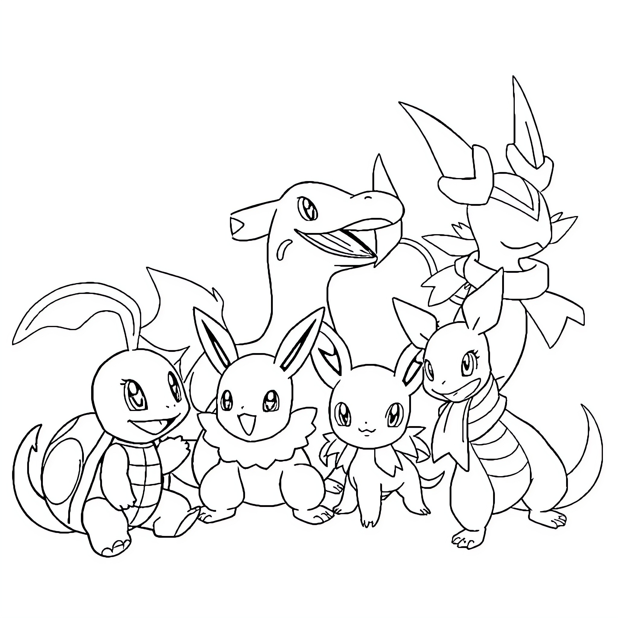 Pokémon group with various characters and expressions Coloring Page (free black-and-white line drawing printable PDF for all, from beginners to advanced learners, including children, teens, adults, and seniors)
