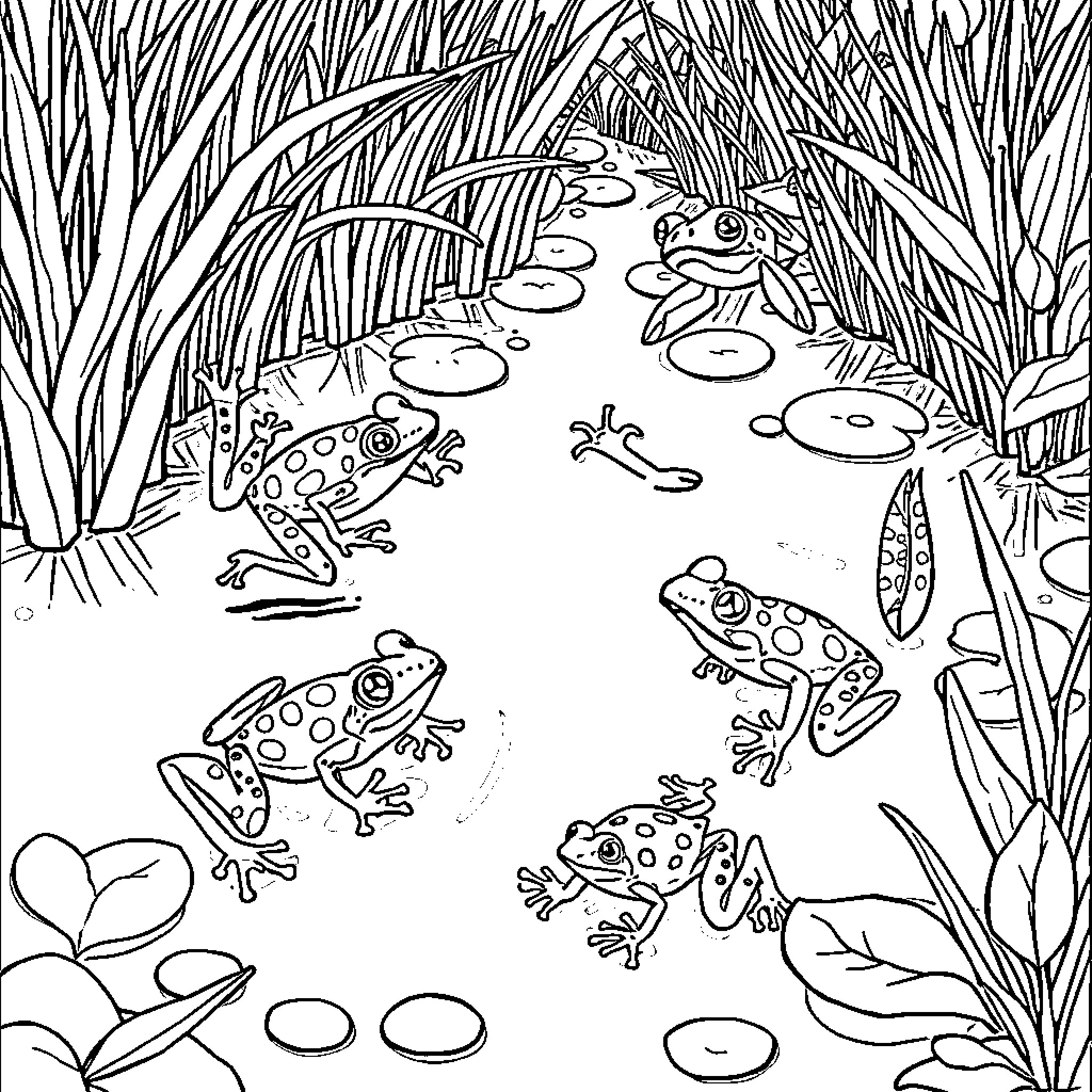 Frog Pond with Playful Frogs Coloring Page (free black-and-white line drawing printable PDF for all, from beginners to advanced learners, including children, teens, adults, and seniors)