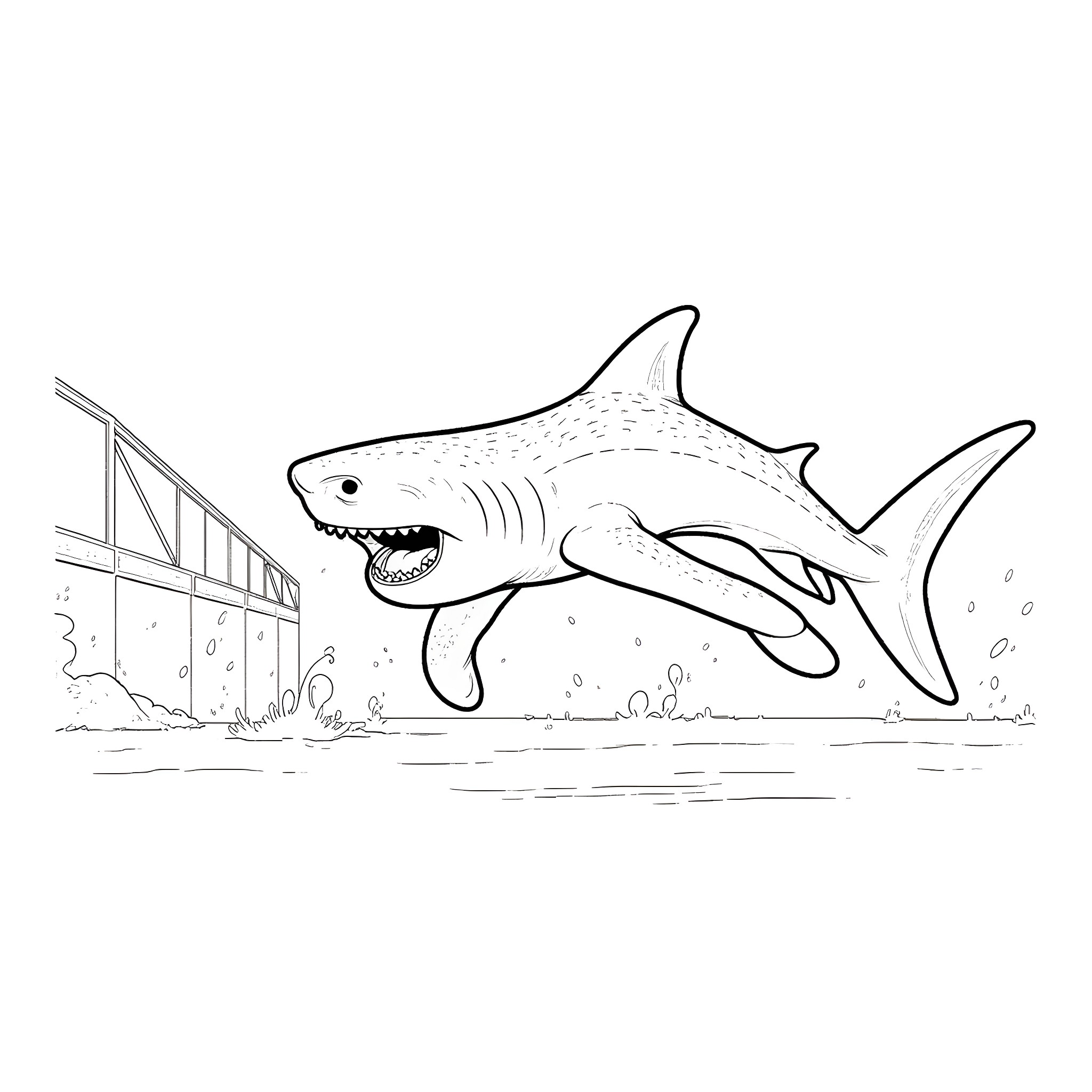 Whale Shark swimming near underwater platform Coloring Page (free black-and-white line drawing printable PDF for all, from beginners to advanced learners, including children, teens, adults, and seniors)