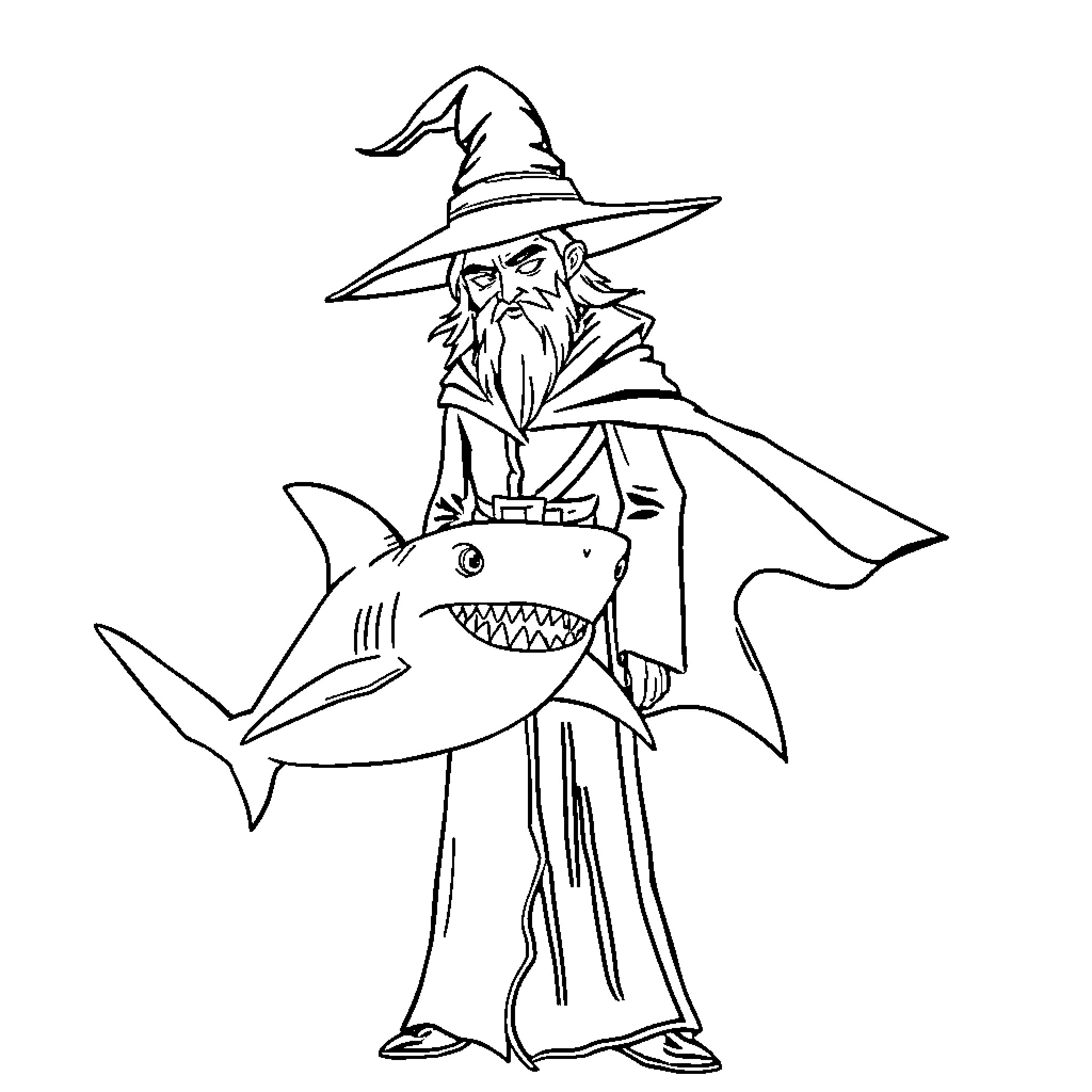Male Witch Riding on a Shark Coloring Page (free black-and-white line drawing printable PDF for all, from beginners to advanced learners, including children, teens, adults, and seniors)