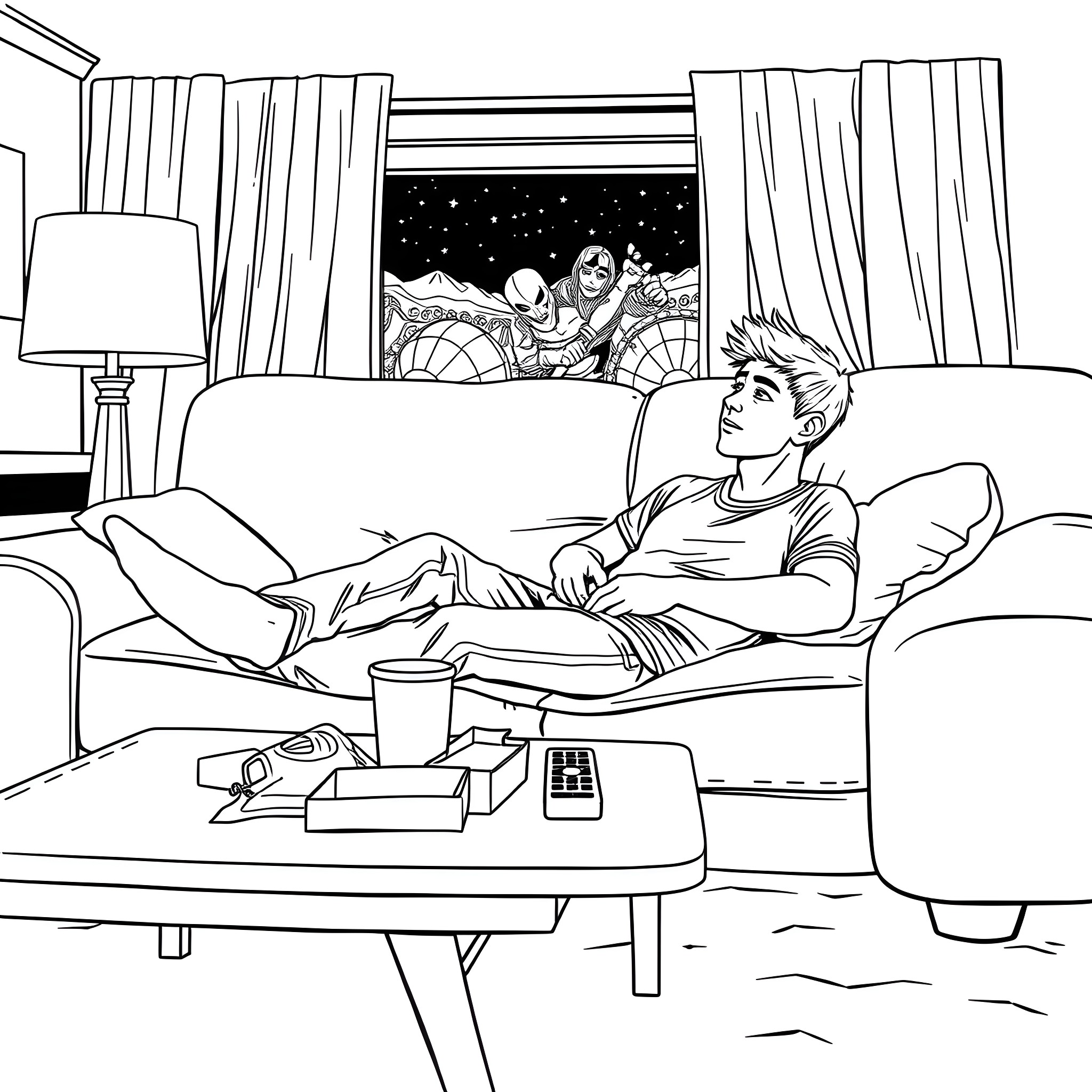 Guy relaxing on the couch watching the night sky Coloring Page (free black-and-white line drawing printable PDF for all, from beginners to advanced learners, including children, teens, adults, and seniors)