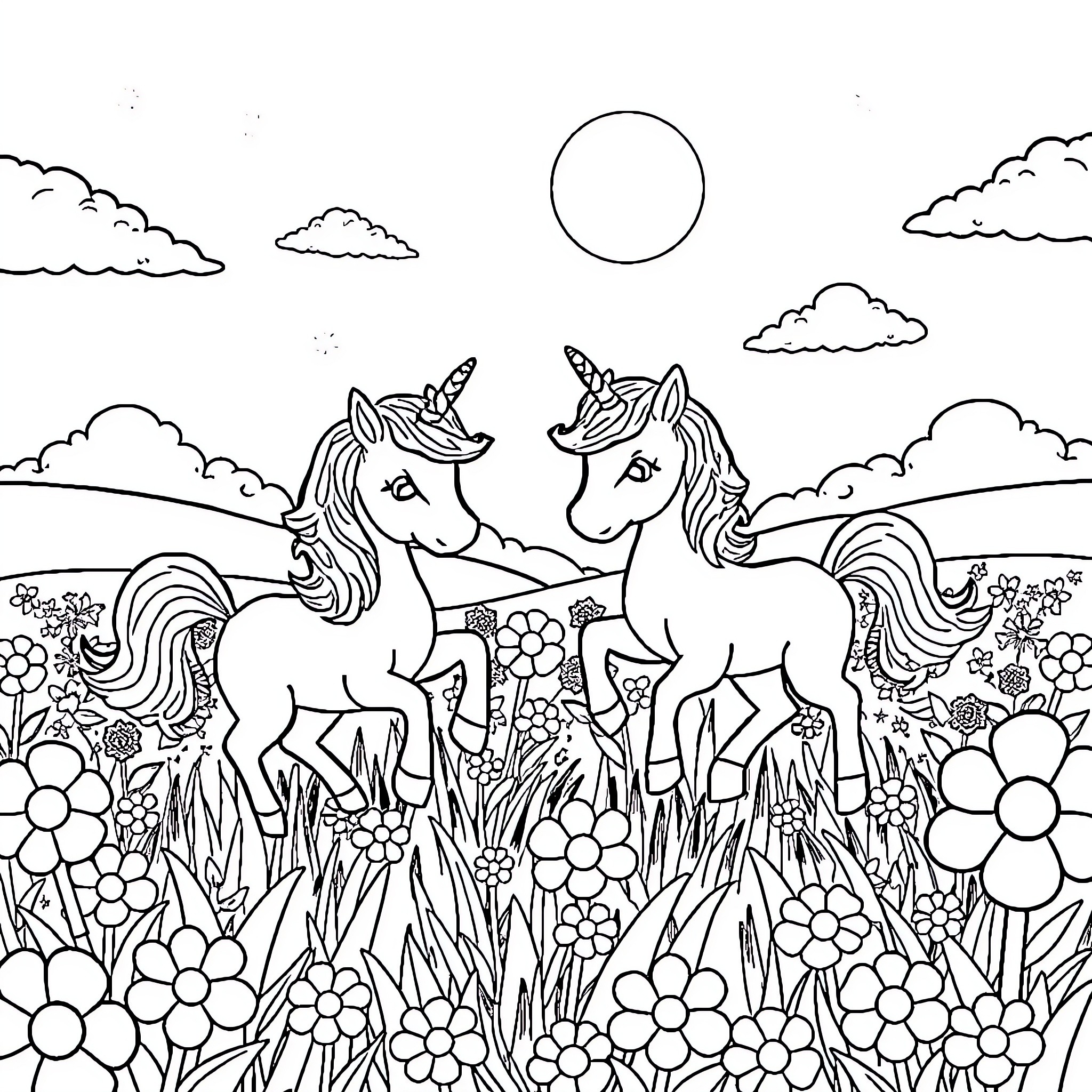 Unicorns Frolicking in a Magical Meadow Coloring Page (free black-and-white line drawing printable PDF for all, from beginners to advanced learners, including children, teens, adults, and seniors)
