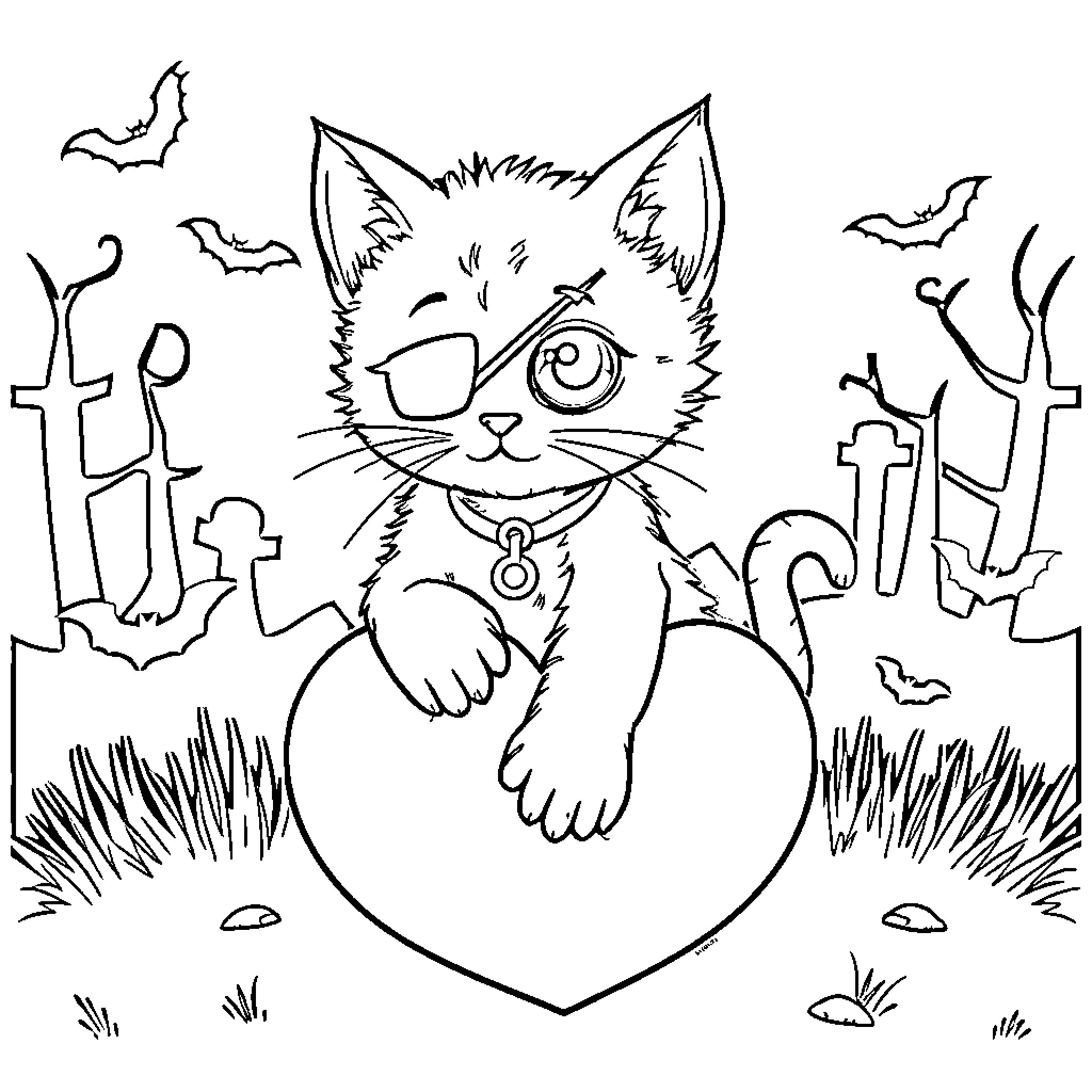 Kitten in the spooky graveyard Coloring Page (free black-and-white line drawing printable PDF for all, from beginners to advanced learners, including children, teens, adults, and seniors)