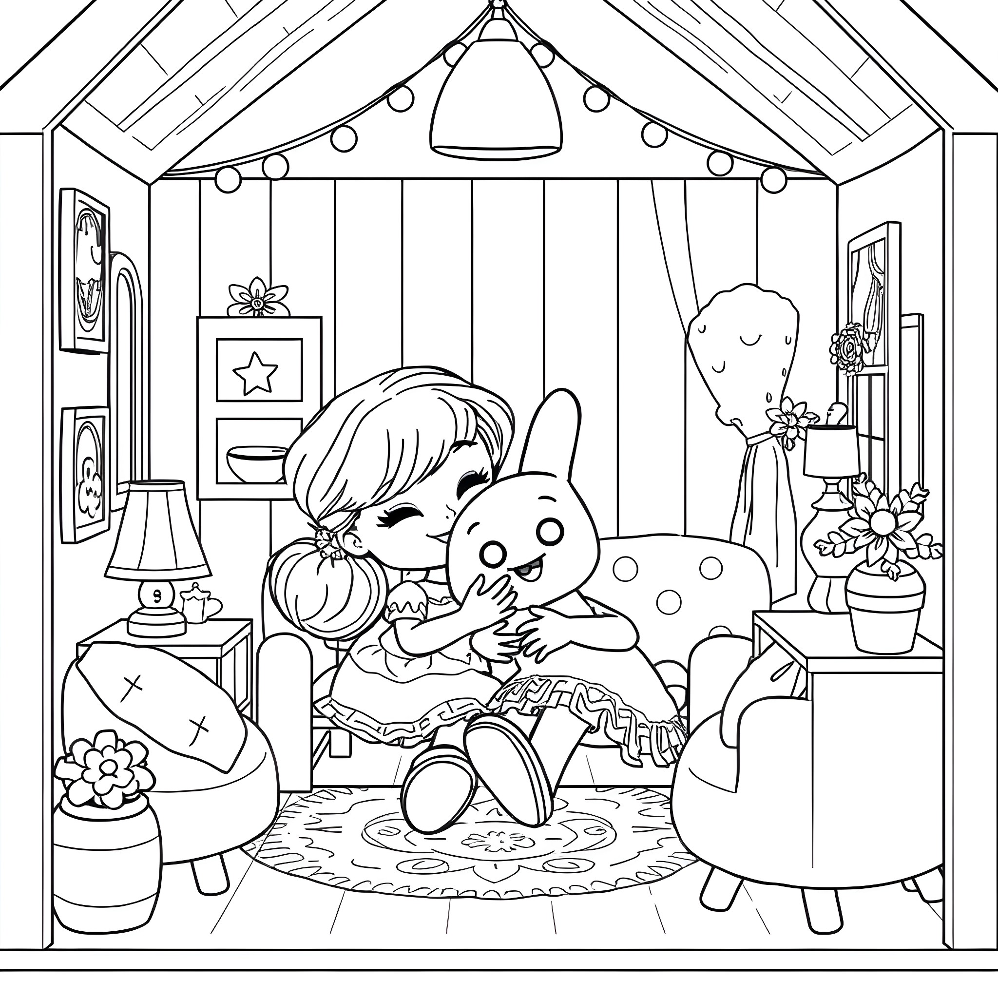 Gabby Dollhouse: Girl Playing Joyfully with Plush Toy Coloring Page (free black-and-white line drawing printable PDF for all, from beginners to advanced learners, including children, teens, adults, and seniors)