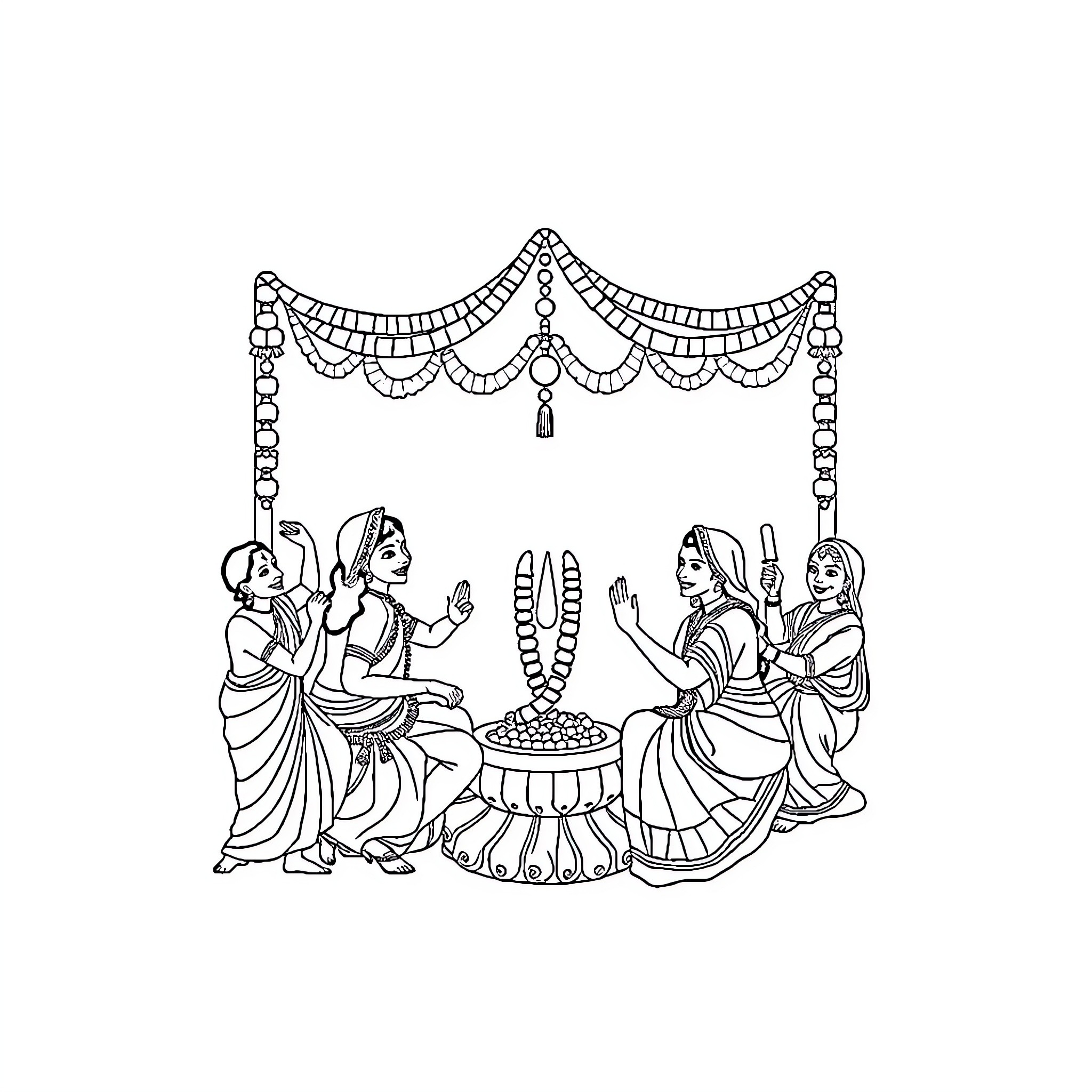 Shravan celebration with traditional festivities Coloring Page (free black-and-white line drawing printable PDF for all, from beginners to advanced learners, including children, teens, adults, and seniors)