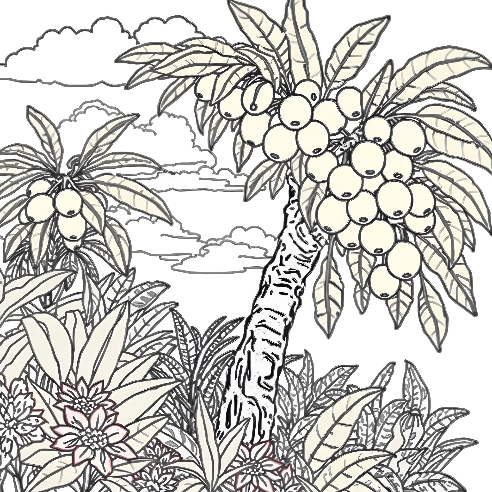 Breadfruit trees in a tropical garden Coloring Page (free black-and-white line drawing printable PDF for all, from beginners to advanced learners, including children, teens, adults, and seniors)