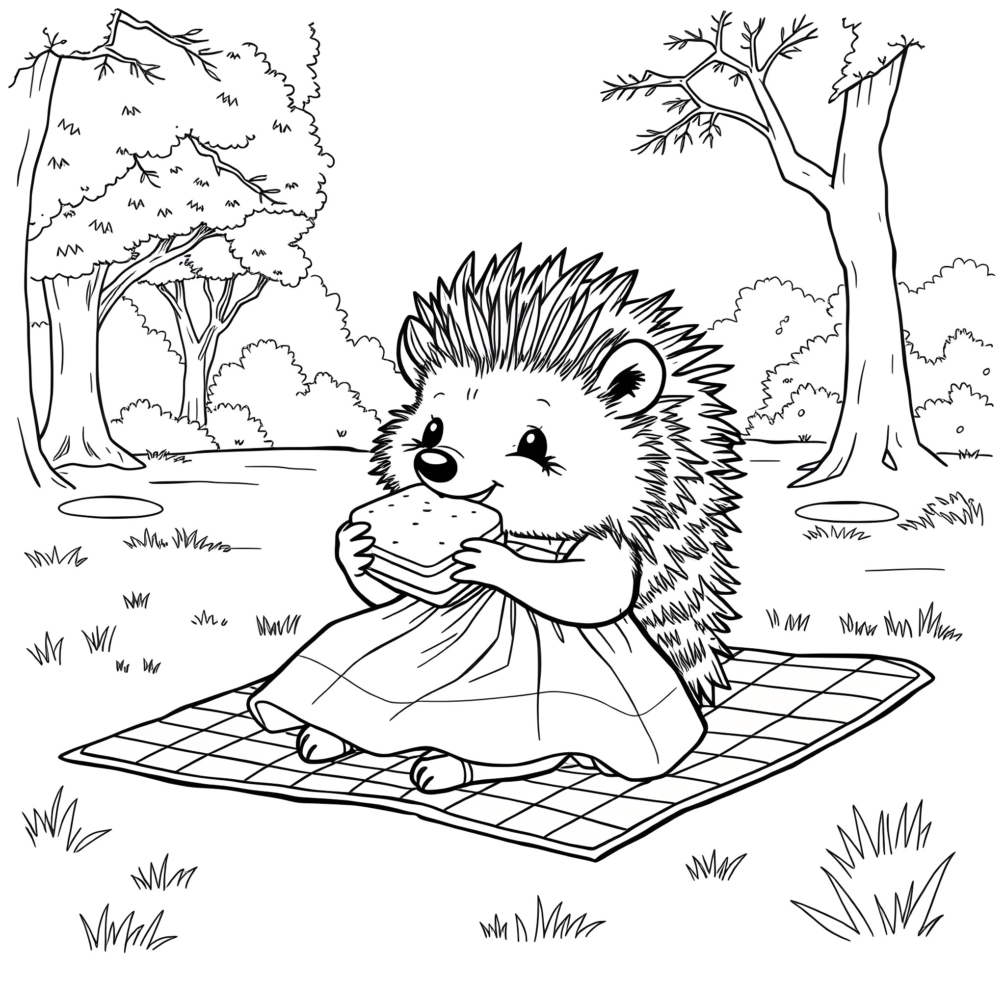 Hedgehog enjoying a picnic in the forest Coloring Page (free black-and-white line drawing printable PDF for all, from beginners to advanced learners, including children, teens, adults, and seniors)