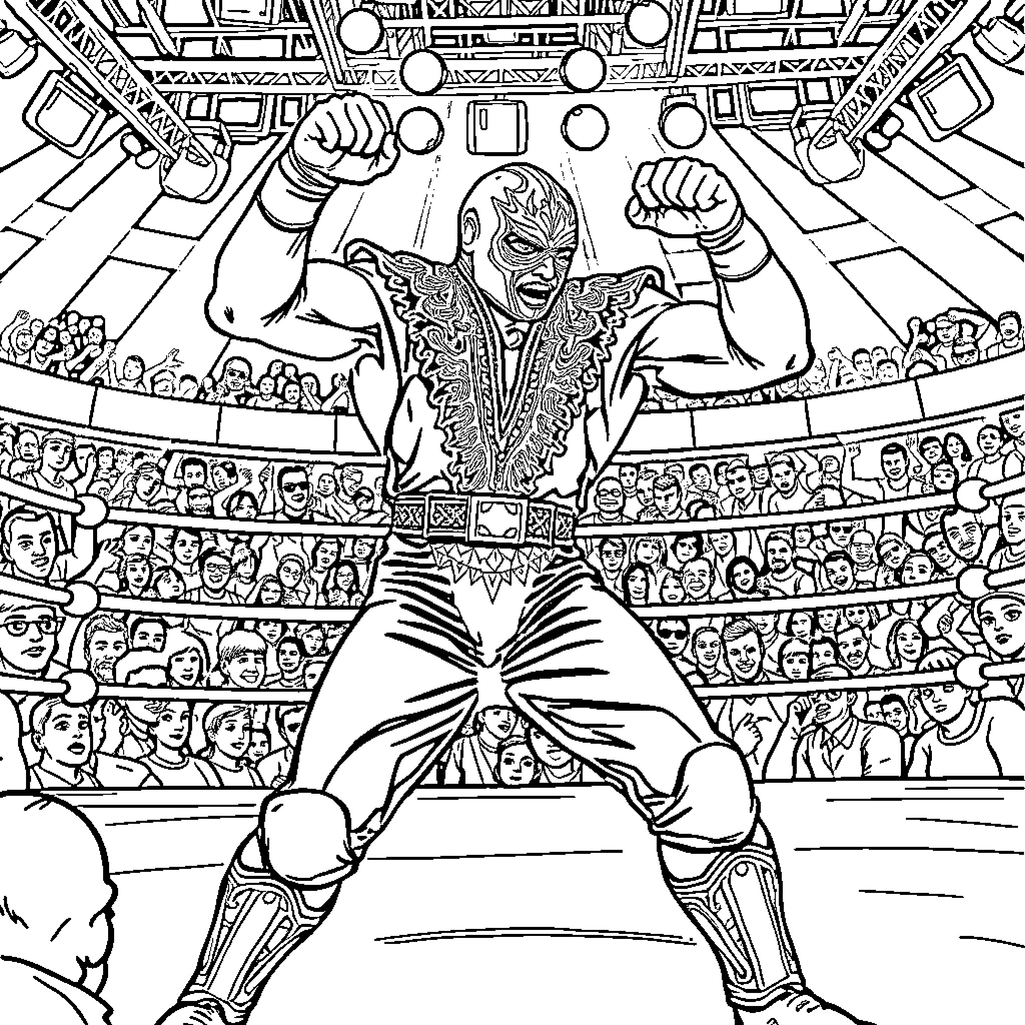 Luchador wrestler performing in a crowded arena Coloring Page (free black-and-white line drawing printable PDF for all, from beginners to advanced learners, including children, teens, adults, and seniors)