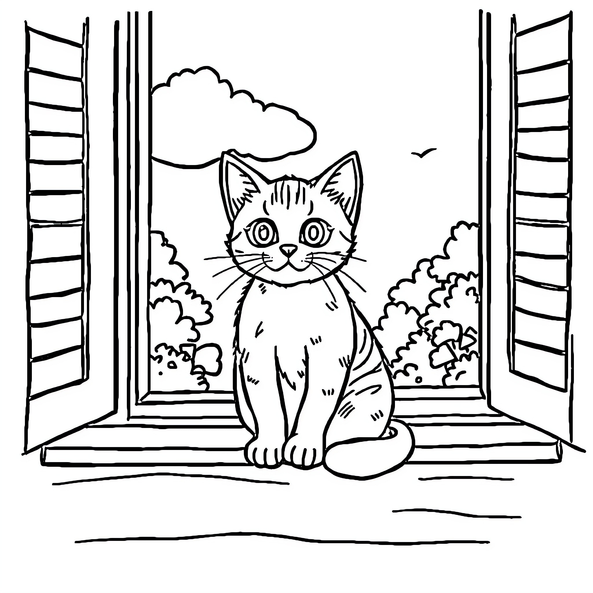 Cat gazing out of the window Coloring Page (free black-and-white line drawing printable PDF for all, from beginners to advanced learners, including children, teens, adults, and seniors)