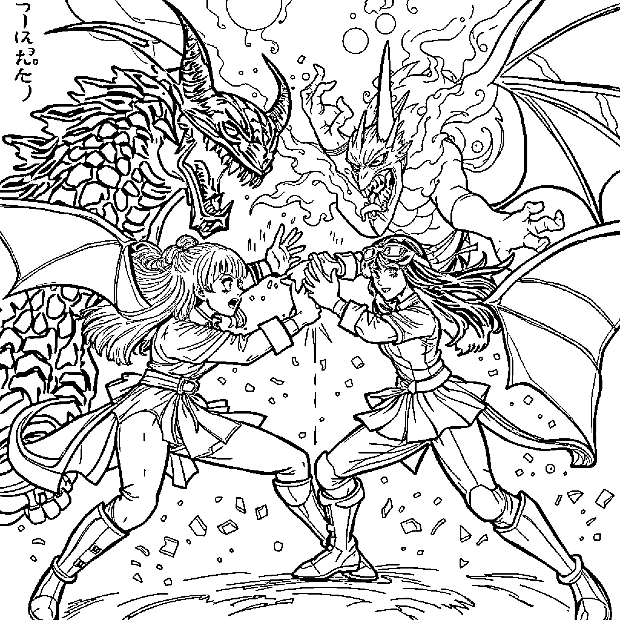 K Pop Fantasy Battle with Mythical Creatures Coloring Page (free black-and-white line drawing printable PDF for all, from beginners to advanced learners, including children, teens, adults, and seniors)
