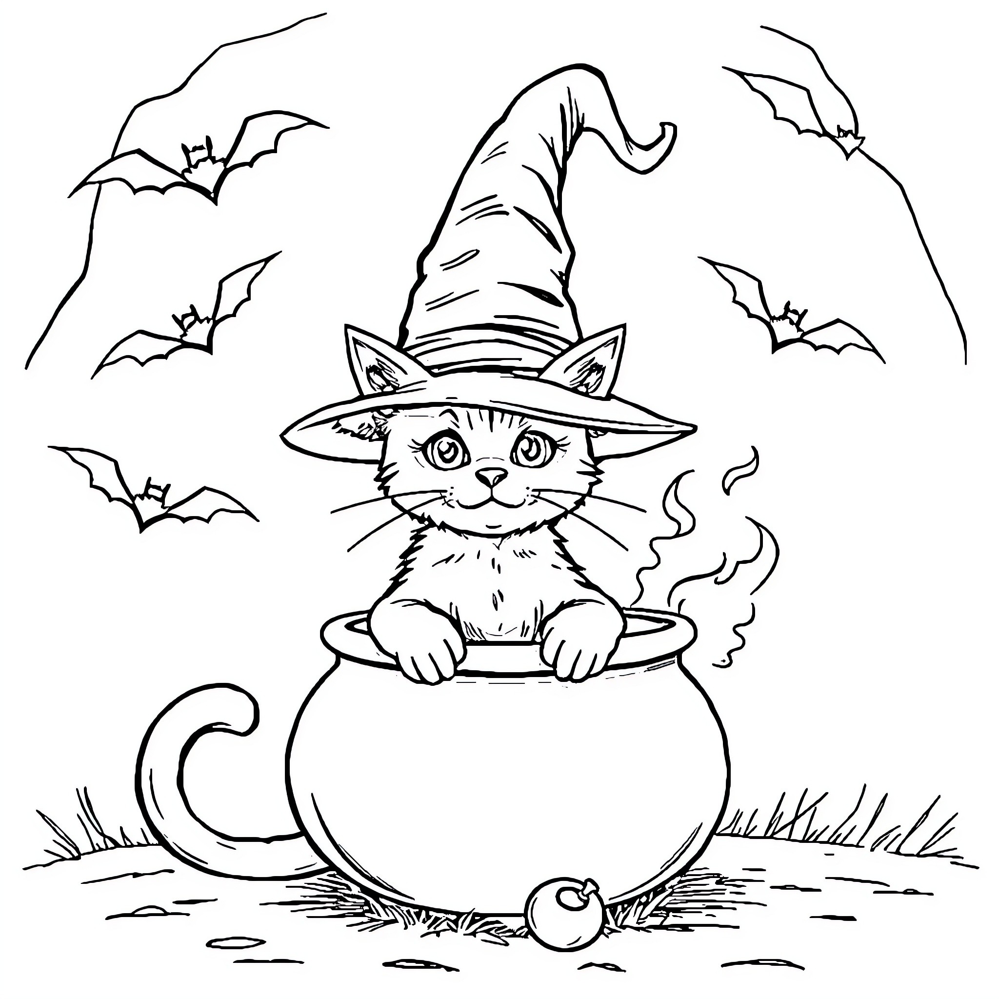 Cat in a Witch's Cauldron with Bats Coloring Page (free black-and-white line drawing printable PDF for all, from beginners to advanced learners, including children, teens, adults, and seniors)