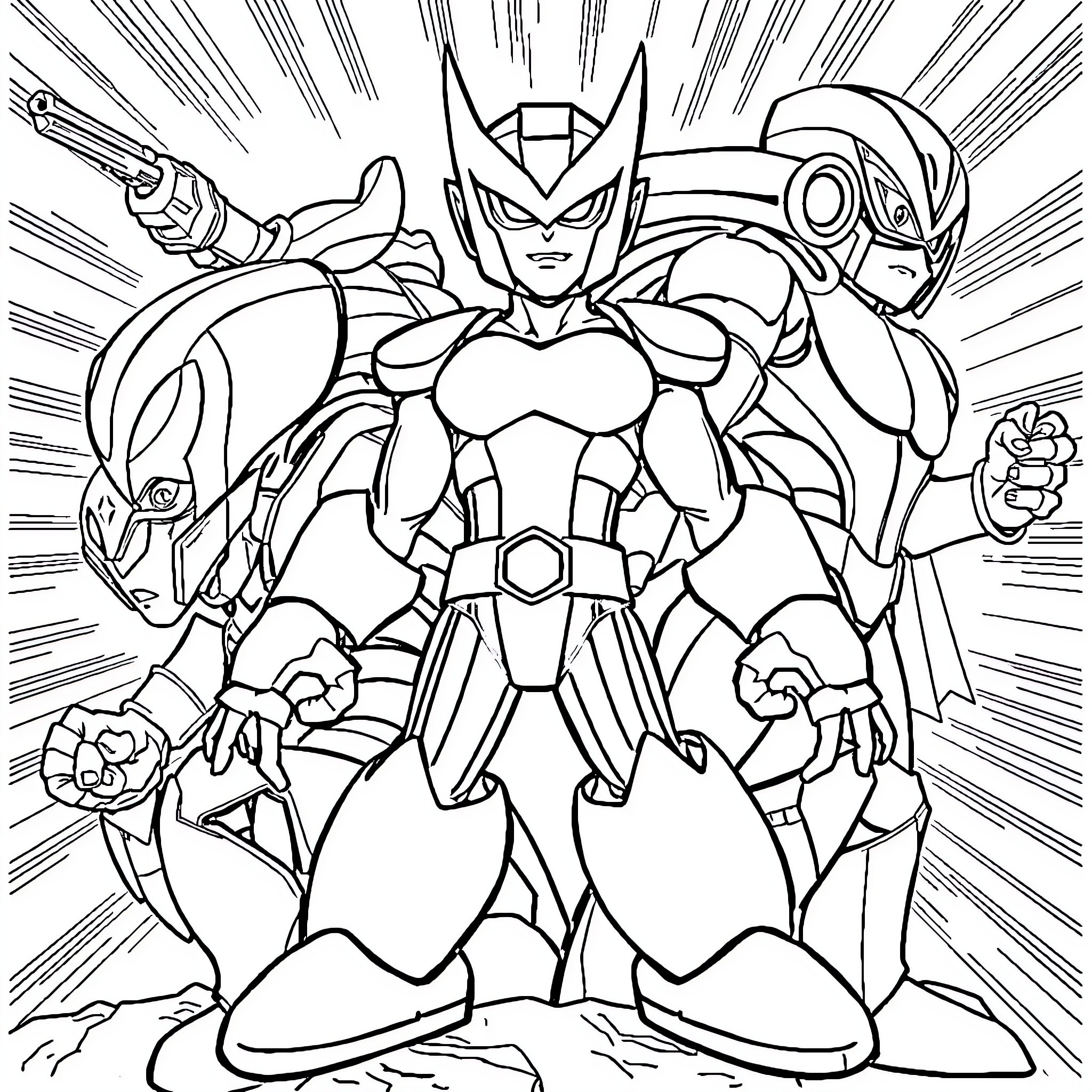 X-Men Heroes in Action Pose Coloring Page (free black-and-white line drawing printable PDF for all, from beginners to advanced learners, including children, teens, adults, and seniors)