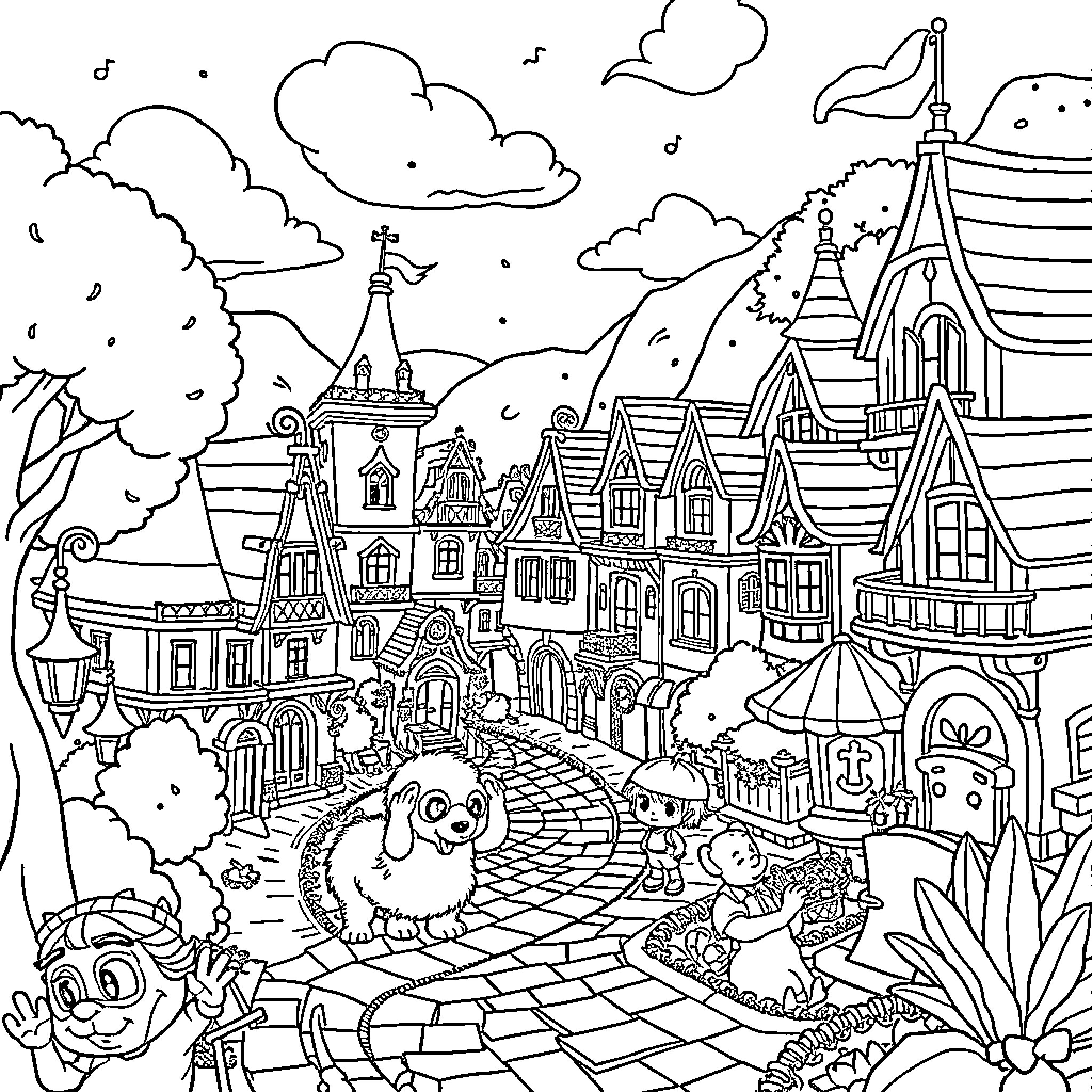 Encanto: Magical town with whimsical characters and enchanting architecture Coloring Page (free black-and-white line drawing printable PDF for all, from beginners to advanced learners, including children, teens, adults, and seniors)