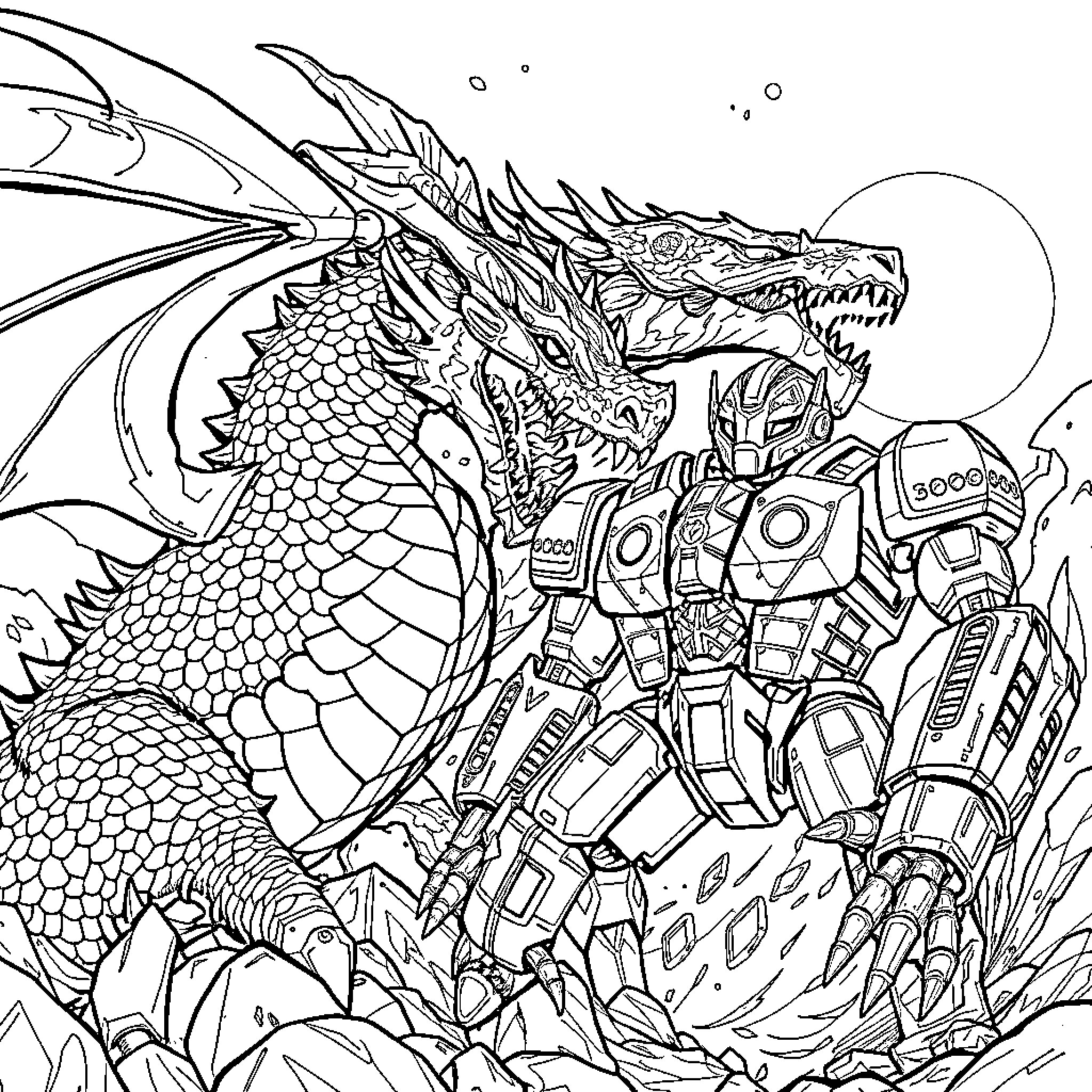 Dragon guarding futuristic warrior in a mystical landscape Coloring Page (free black-and-white line drawing printable PDF for all, from beginners to advanced learners, including children, teens, adults, and seniors)