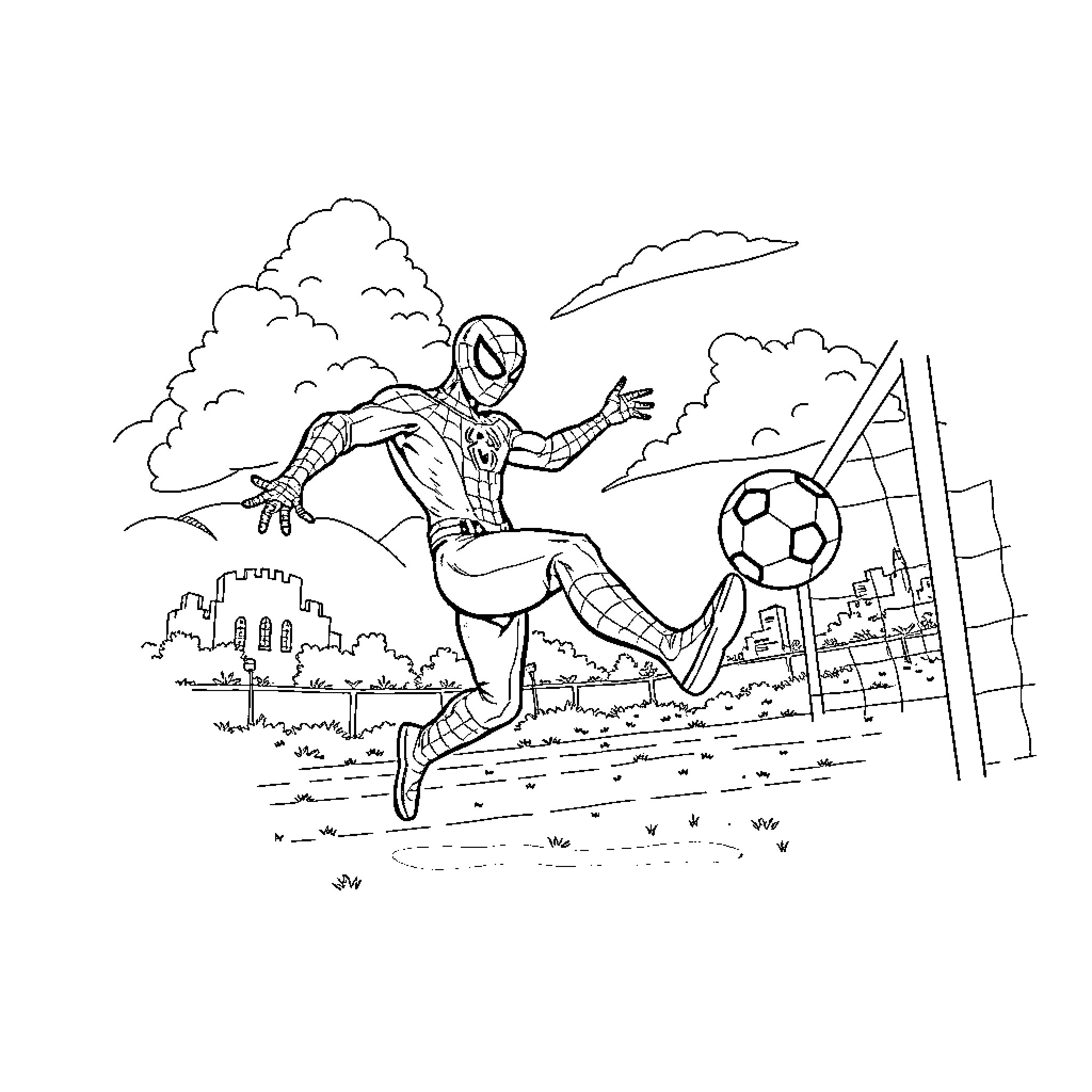 Spider-Man Playing Soccer in the City Coloring Page (free black-and-white line drawing printable PDF for all, from beginners to advanced learners, including children, teens, adults, and seniors)
