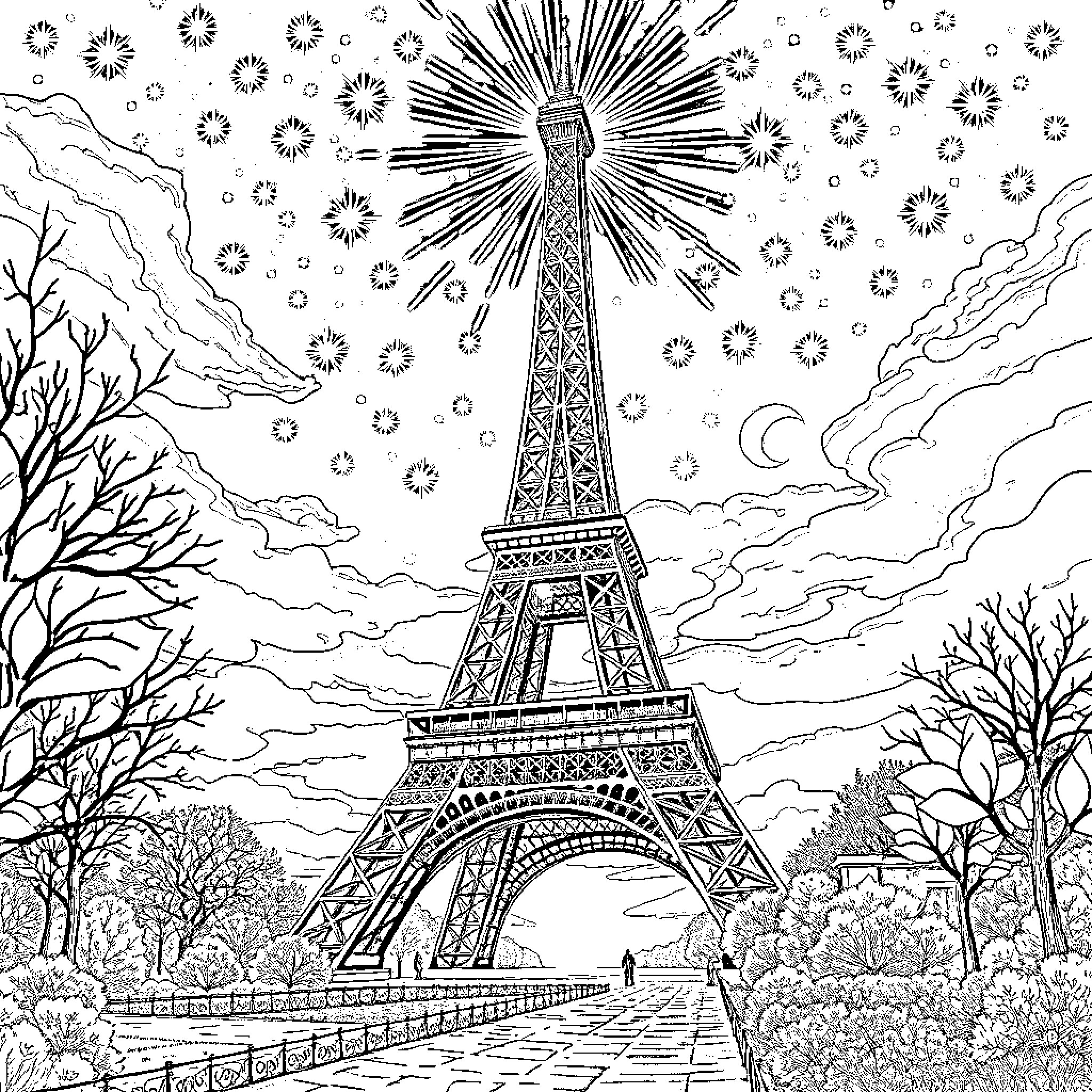Miraculous Eiffel Tower Illumination in the Night Sky Coloring Page (free black-and-white line drawing printable PDF for all, from beginners to advanced learners, including children, teens, adults, and seniors)