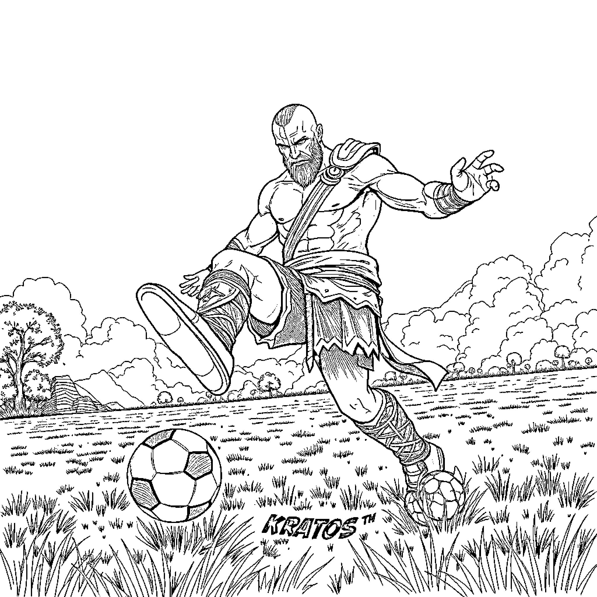 Kratos the Warrior Kicking Soccer Ball in the Meadow Coloring Page (free black-and-white line drawing printable PDF for all, from beginners to advanced learners, including children, teens, adults, and seniors)