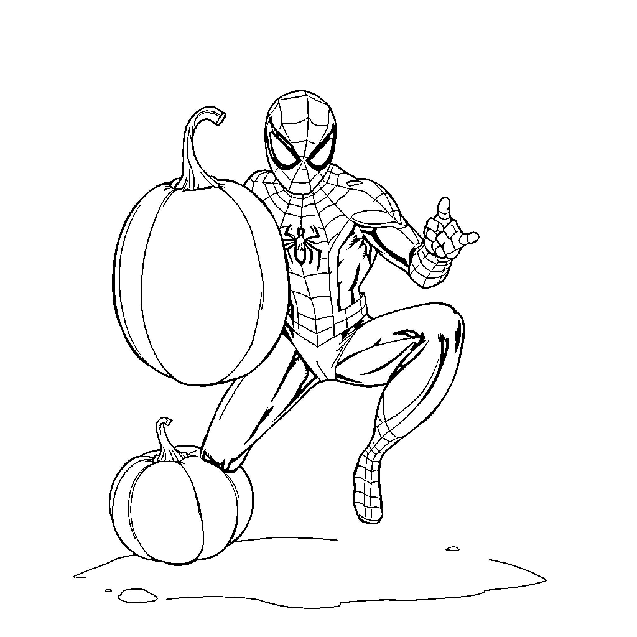 Spiderman enjoying the fall season with pumpkins Coloring Page (free black-and-white line drawing printable PDF for all, from beginners to advanced learners, including children, teens, adults, and seniors)