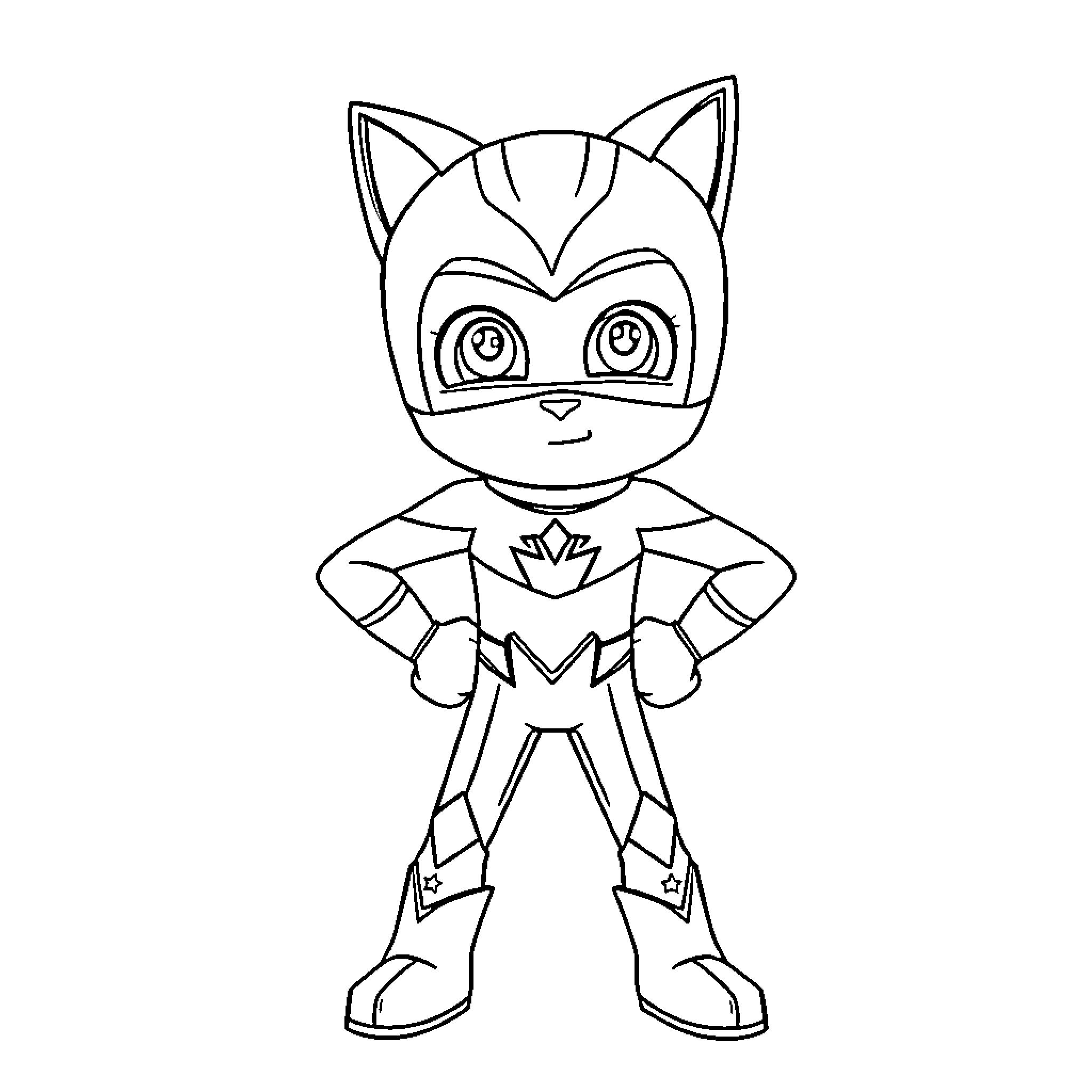 Catboy in superhero costume Coloring Page (free black-and-white line drawing printable PDF for all, from beginners to advanced learners, including children, teens, adults, and seniors)