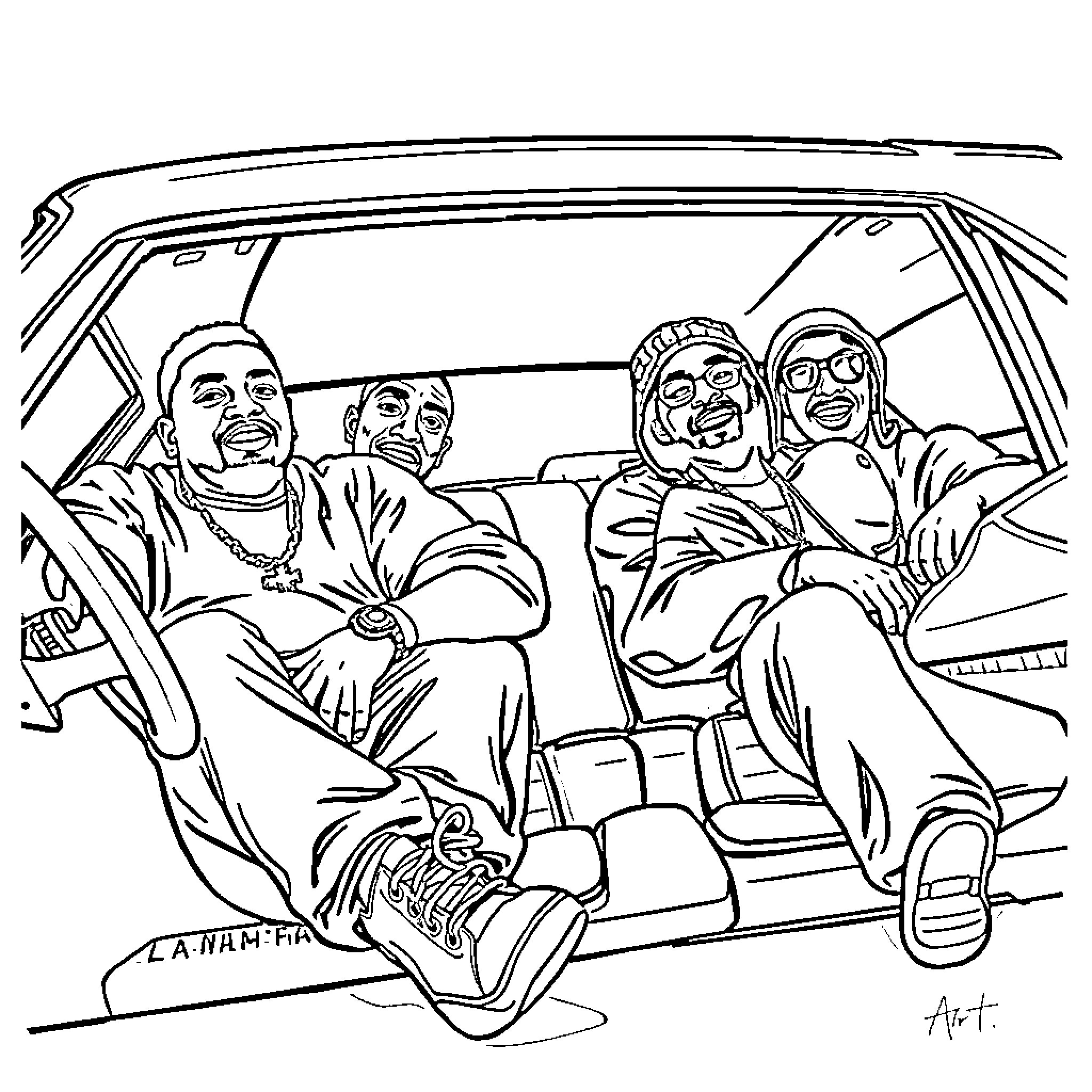 Biggie Smalls and friends relaxing in a car Coloring Page (free black-and-white line drawing printable PDF for all, from beginners to advanced learners, including children, teens, adults, and seniors)