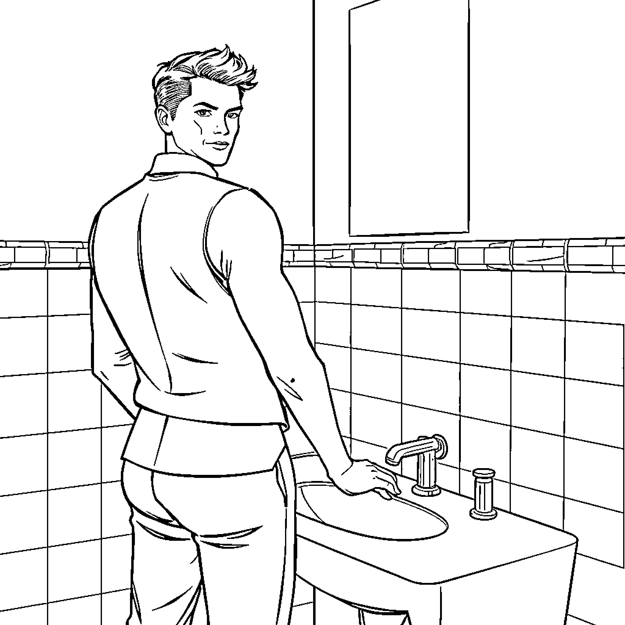Man washing hands in bathroom Coloring Page (free black-and-white line drawing printable PDF for all, from beginners to advanced learners, including children, teens, adults, and seniors)